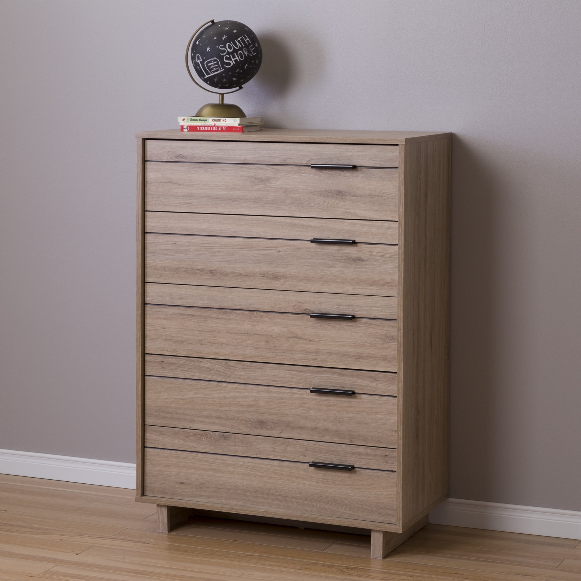 Rustic Oak Vertical 5-Drawer Chest with Black Handles