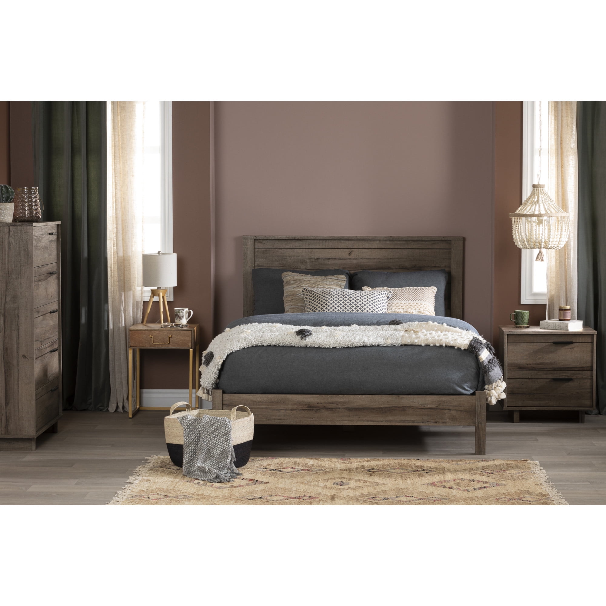 Modern Fall Oak Full Platform Bed with Asymmetric Lines