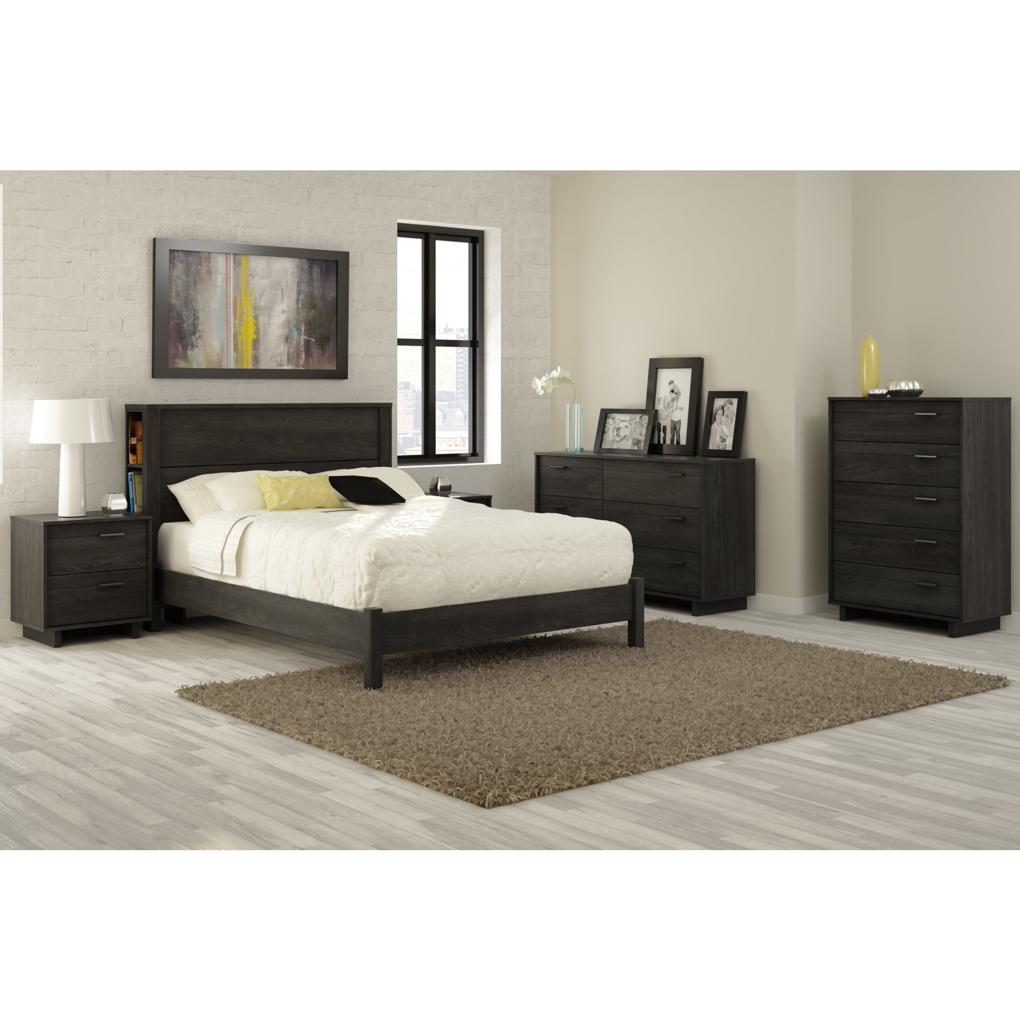 Gray Oak Full Size Upholstered Platform Bed with Wood Frame