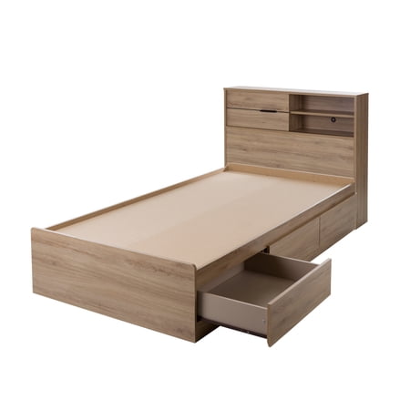 South Shore Fynn Contemporary/Modern Laminated Metal with Storage Bookcase Bed, Twin, Rustic Oak