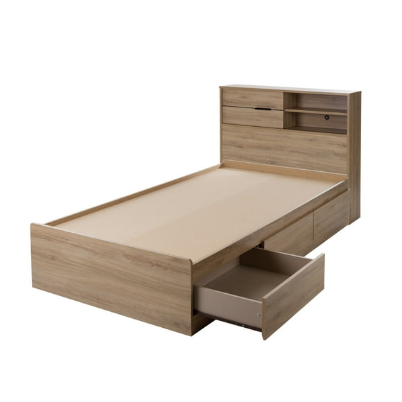South Shore Fynn Contemporary/Modern Laminated Metal with Storage Bookcase Bed, Twin, Rustic Oak