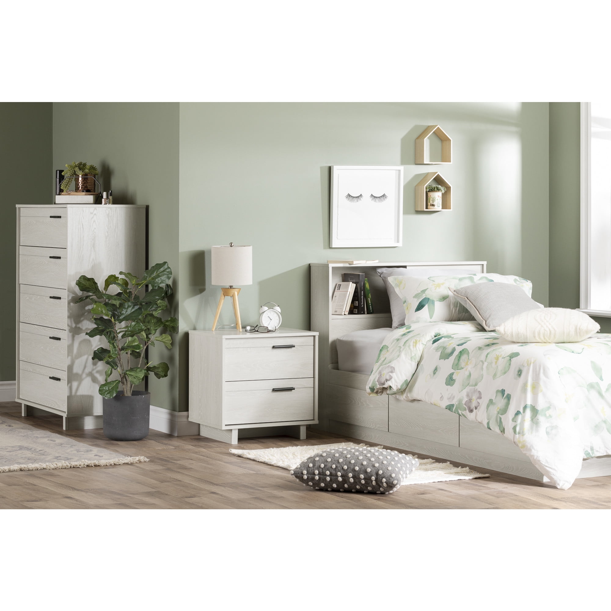 Fynn Winter Oak Modern 2-Drawer Nightstand with Sleek Metal Pulls