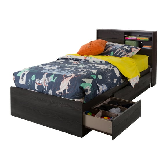 South Shore Fynn Kids Contemporary/Modern Laminated Metal with Storage Bookcase Bed, Twin, Gray Oak