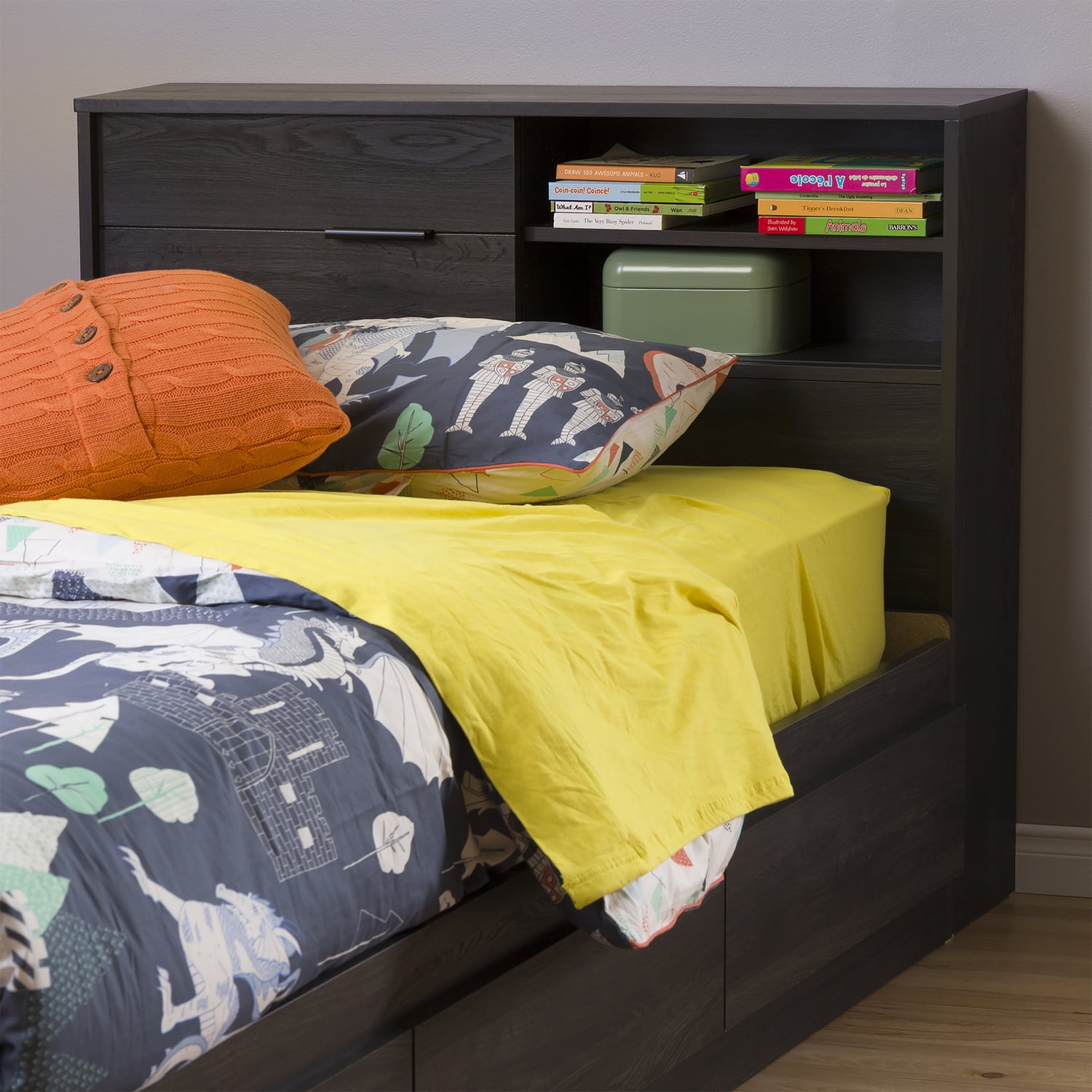 Gray Oak Twin Wood Headboard with Storage