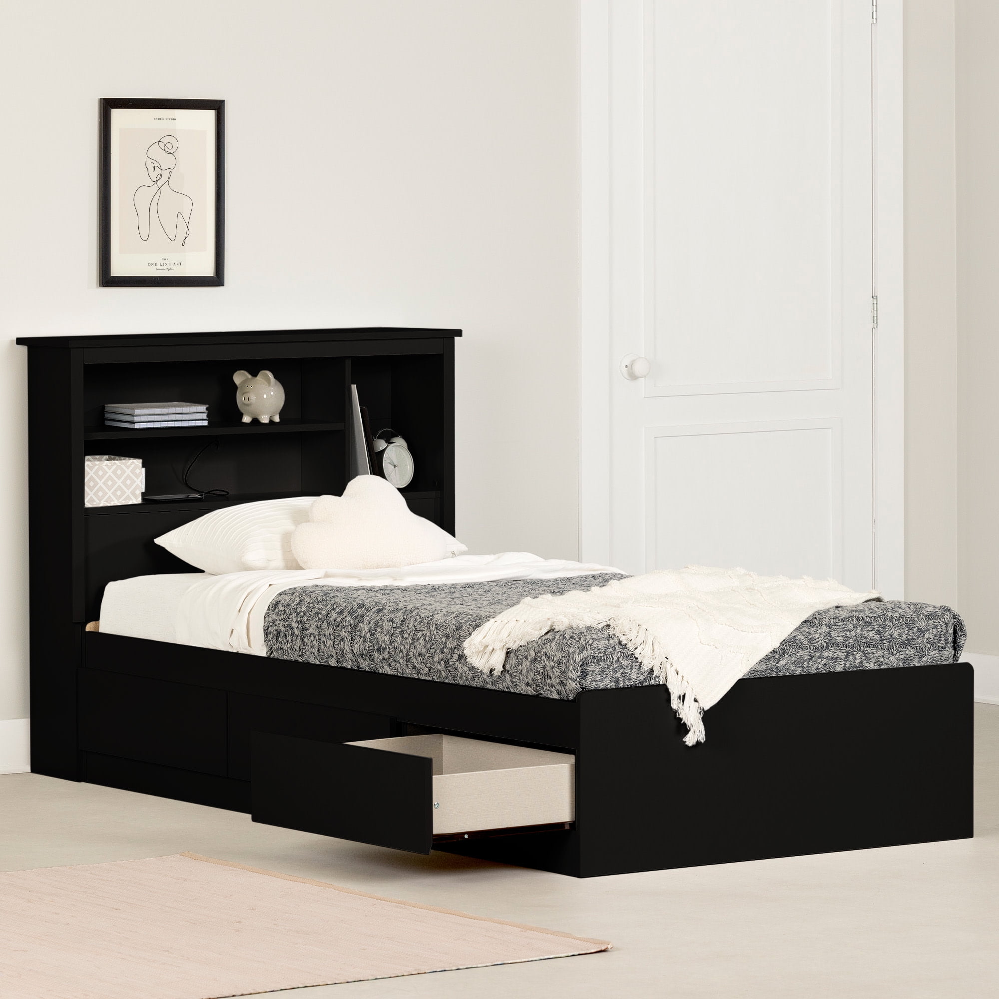 Black Twin Wood Storage Bed with Bookcase Headboard and Drawers