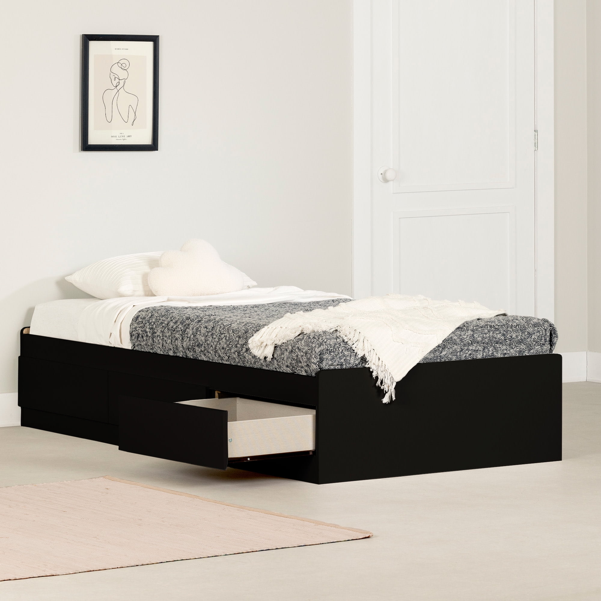 Pure Black Twin Wood Frame Storage Bed with 3 Drawers
