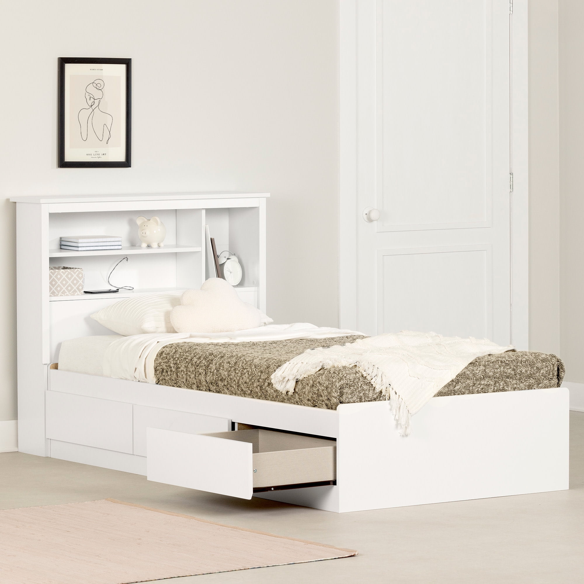 Pure White Twin Wood Storage Bed with Bookcase Headboard and Drawers