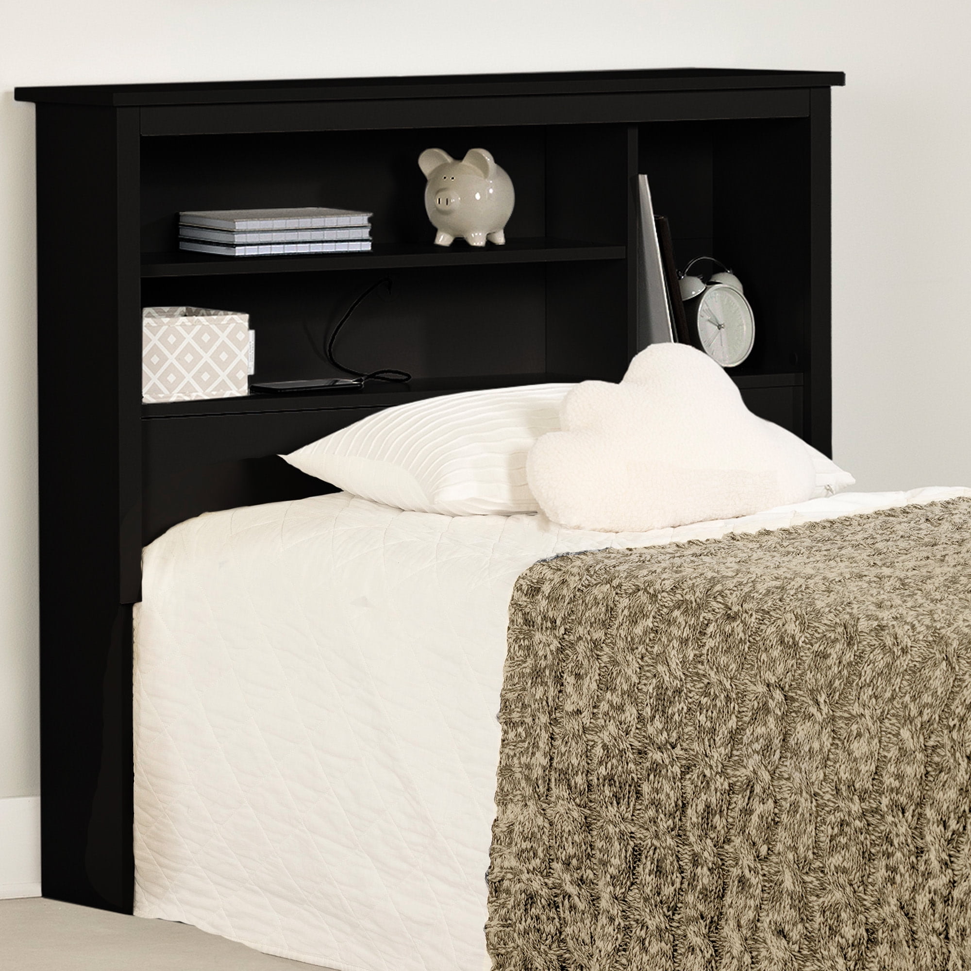 Twin Black Wood Headboard with Storage Shelves