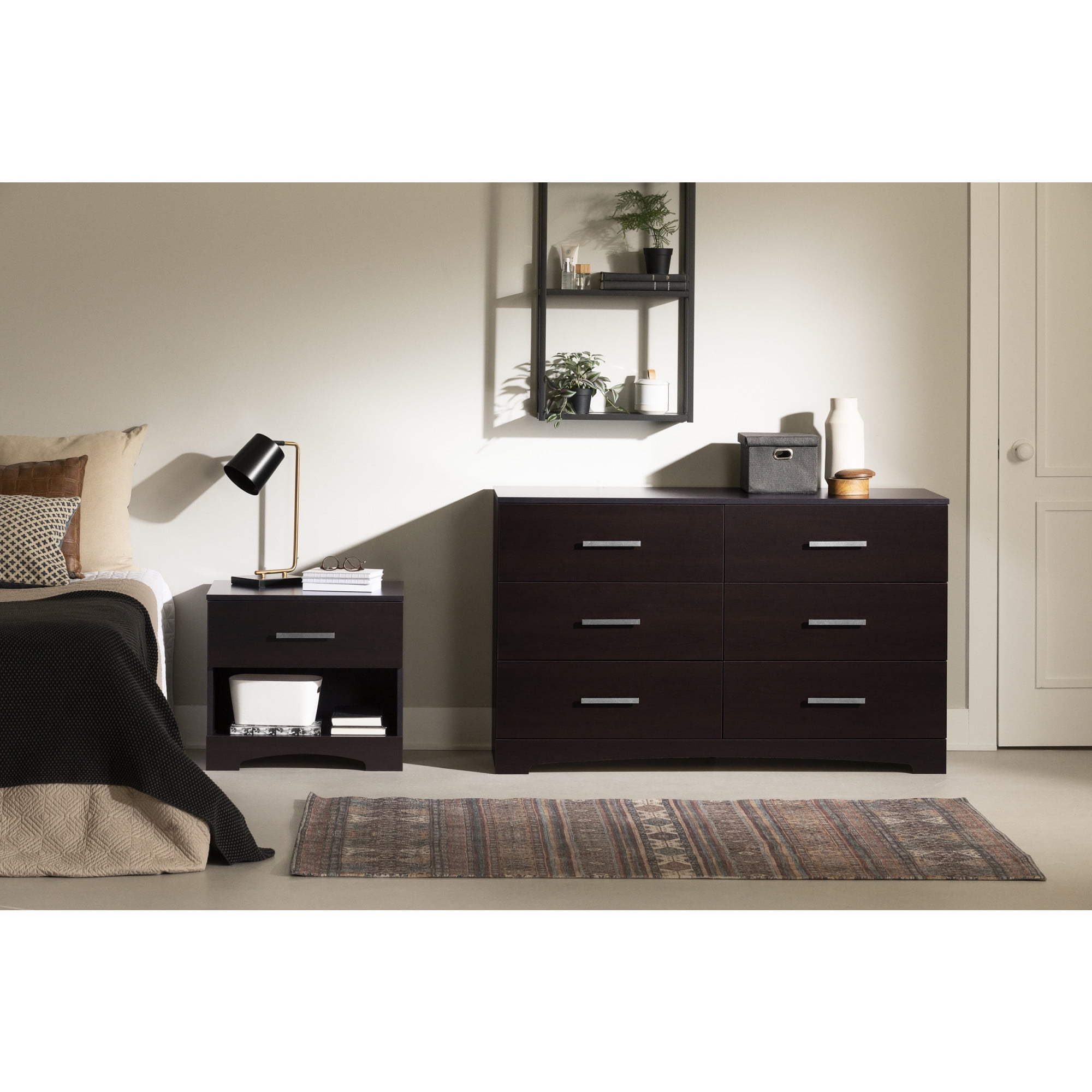 Chocolate 1-Drawer Modern Nightstand with Open Shelf