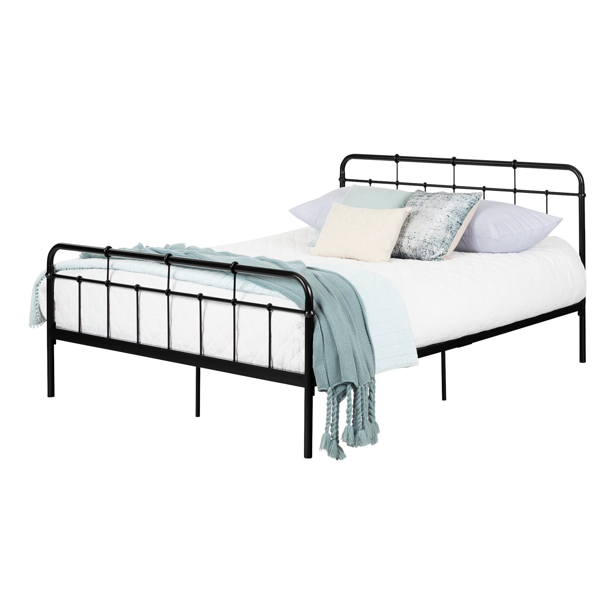 Queen Black Metal Platform Bed with Headboard and Slats