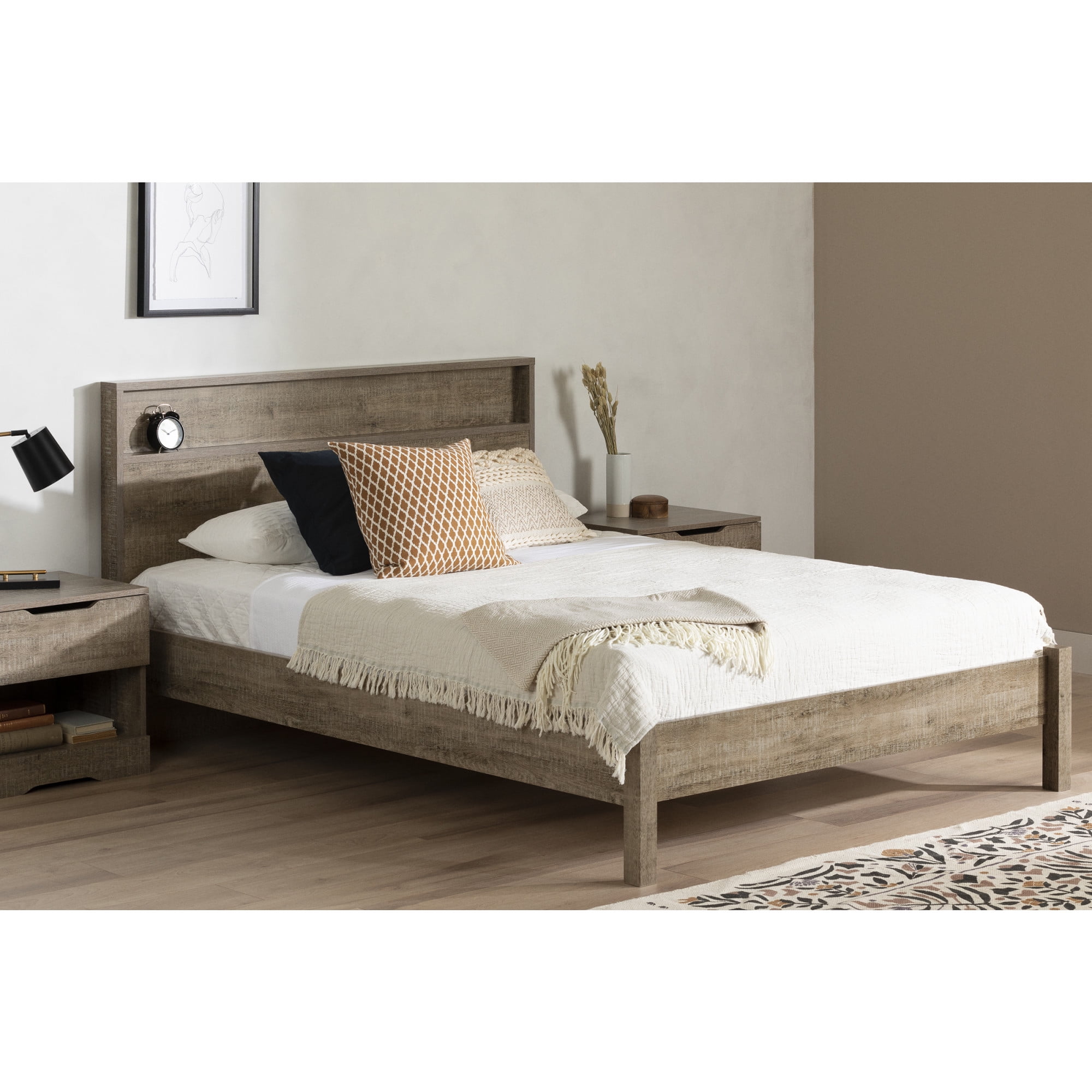 Weathered Oak Queen Platform Bed with Slats and Headboard