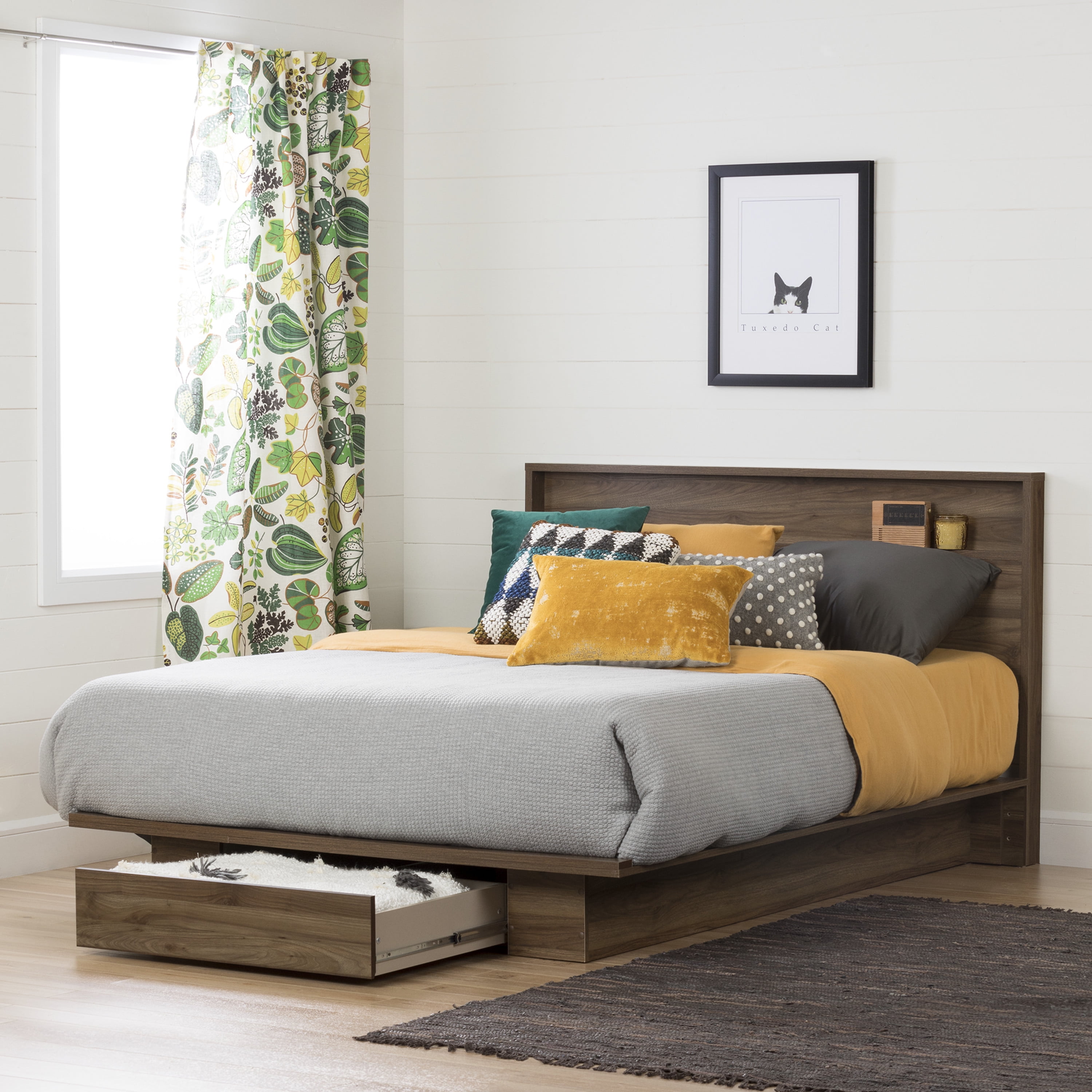 Natural Walnut Queen Platform Bed with Upholstered Headboard and Drawer