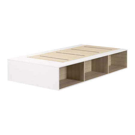 South Shore Hourra, Contemporary Twin Platform Bed with Open Storage, Soft Elm and White