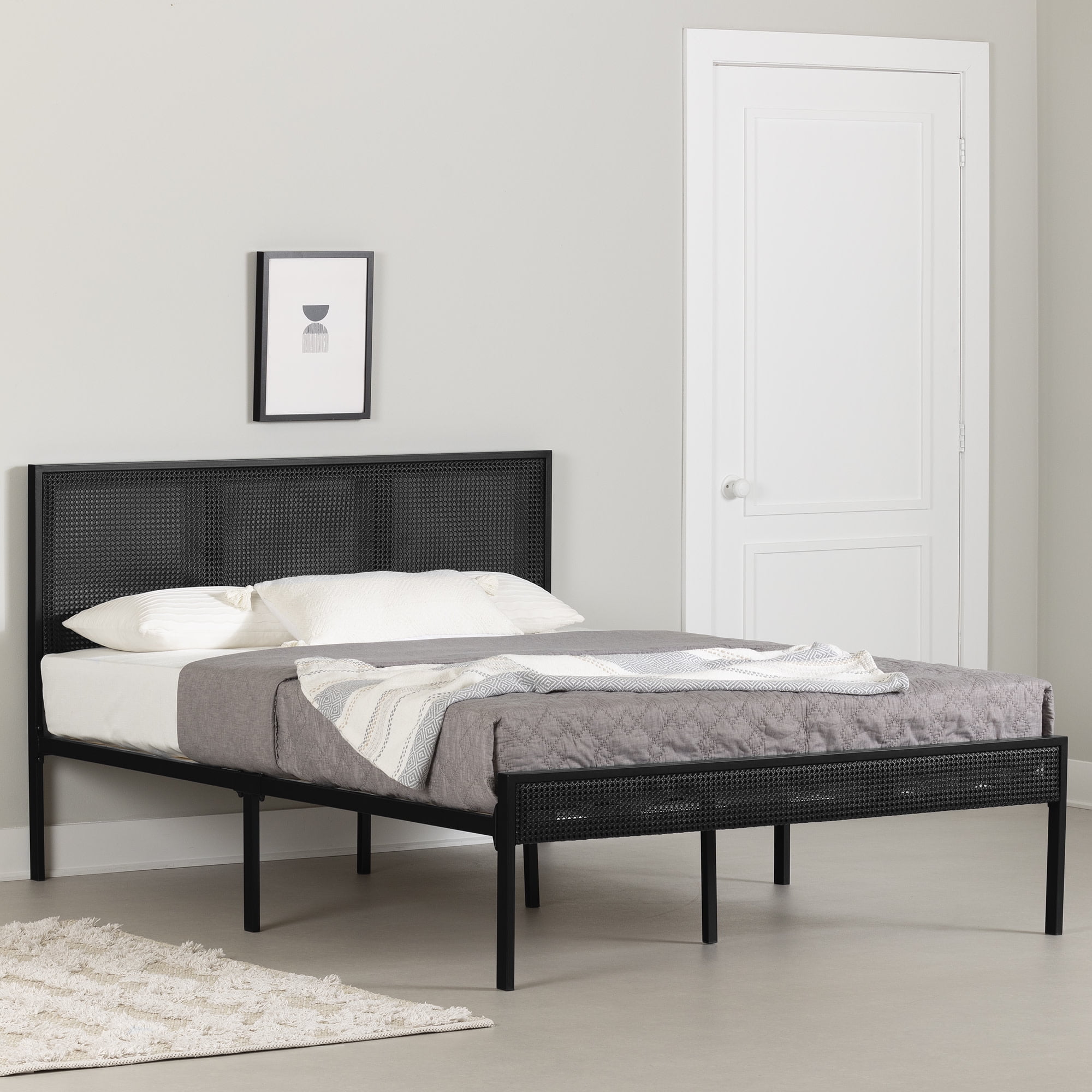 Full Black Metal Platform Bed with Natural Cane Headboard and Slats