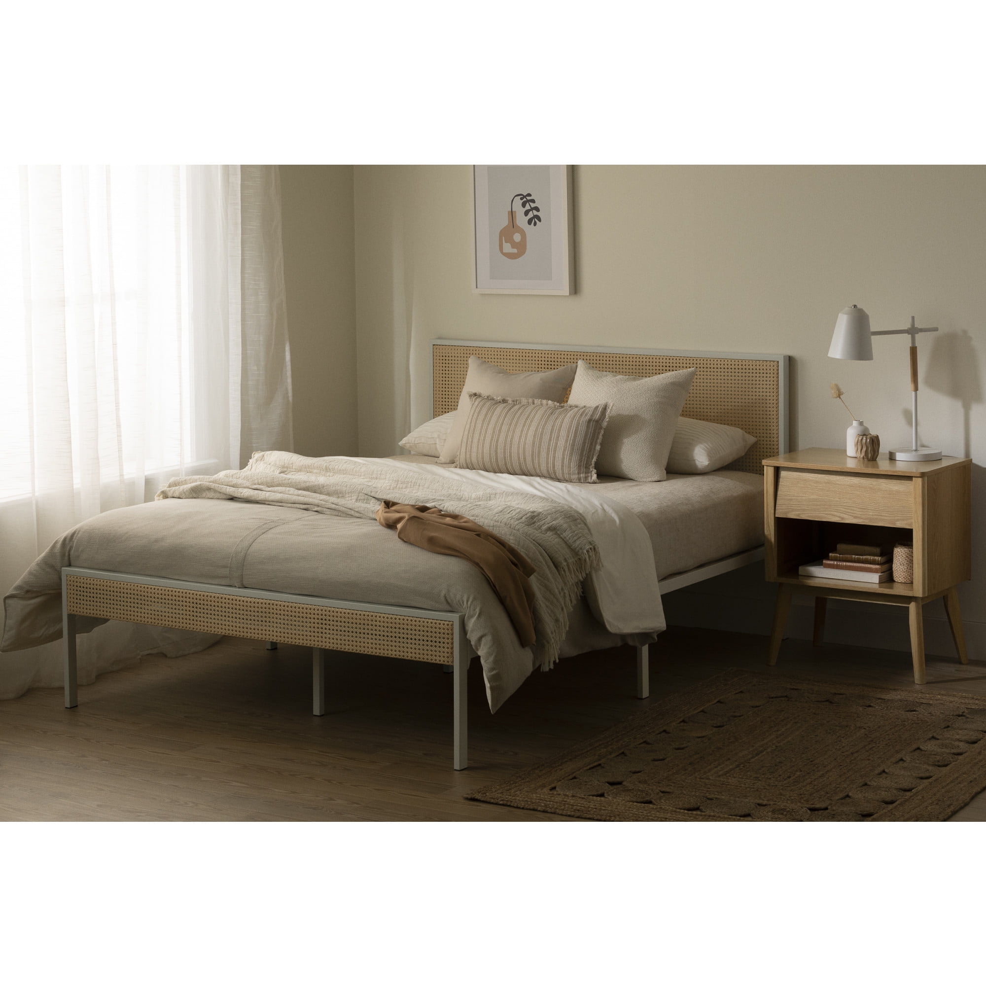Full White Metal Platform Bed with Natural Cane Headboard