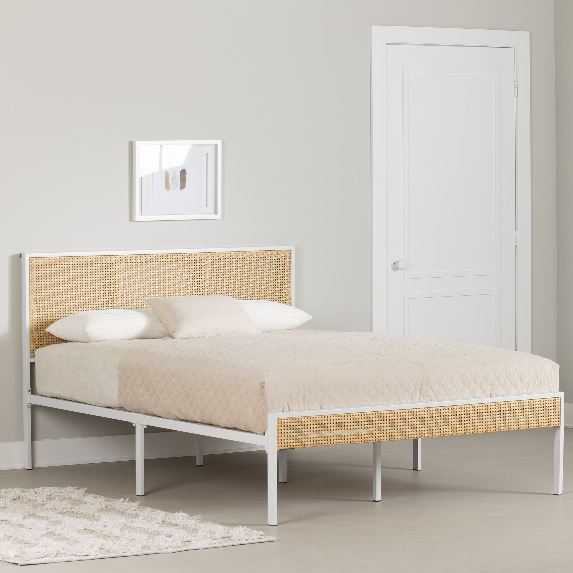 Queen White Metal Platform Bed with Natural Cane Headboard and Wood Slats