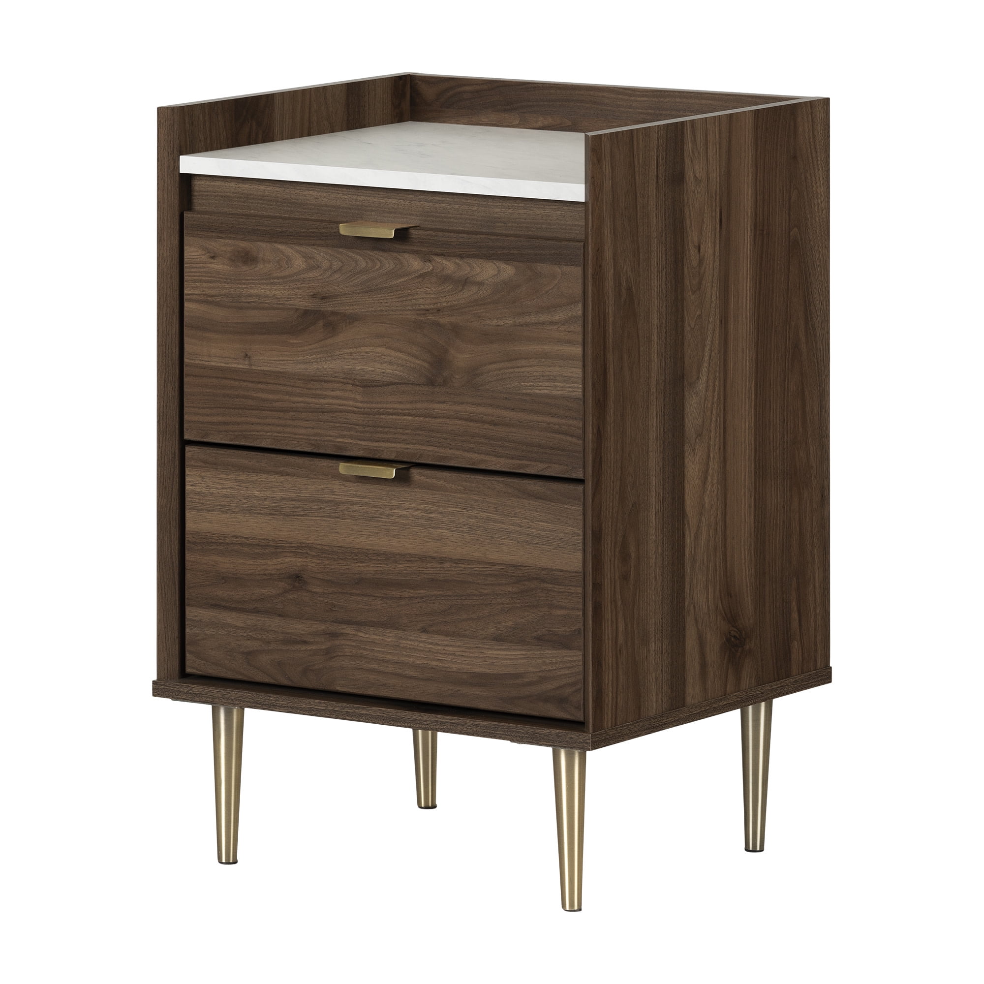 Natural Walnut and White Stone 2-Drawer End Table with Brass Legs