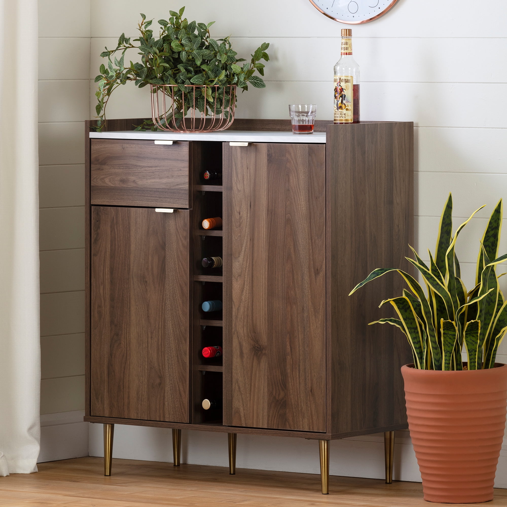 Natural Walnut and Faux Carrara Marble Bar Cabinet