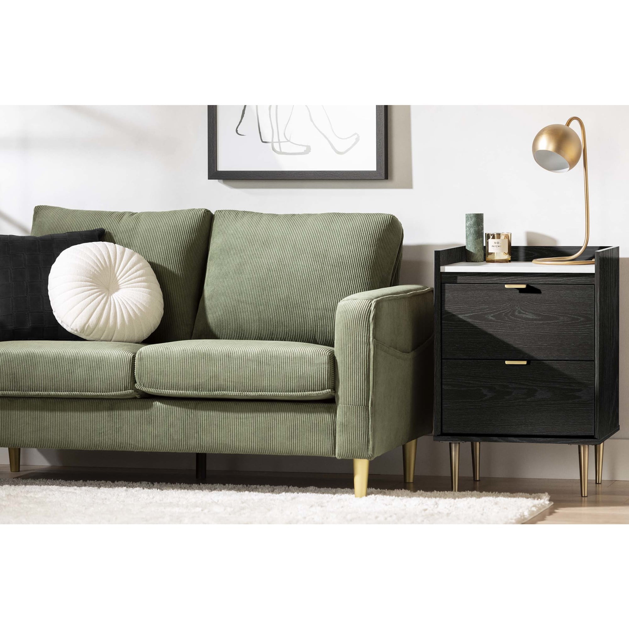 Black Oak and Faux Carrara Marble End Table with Storage