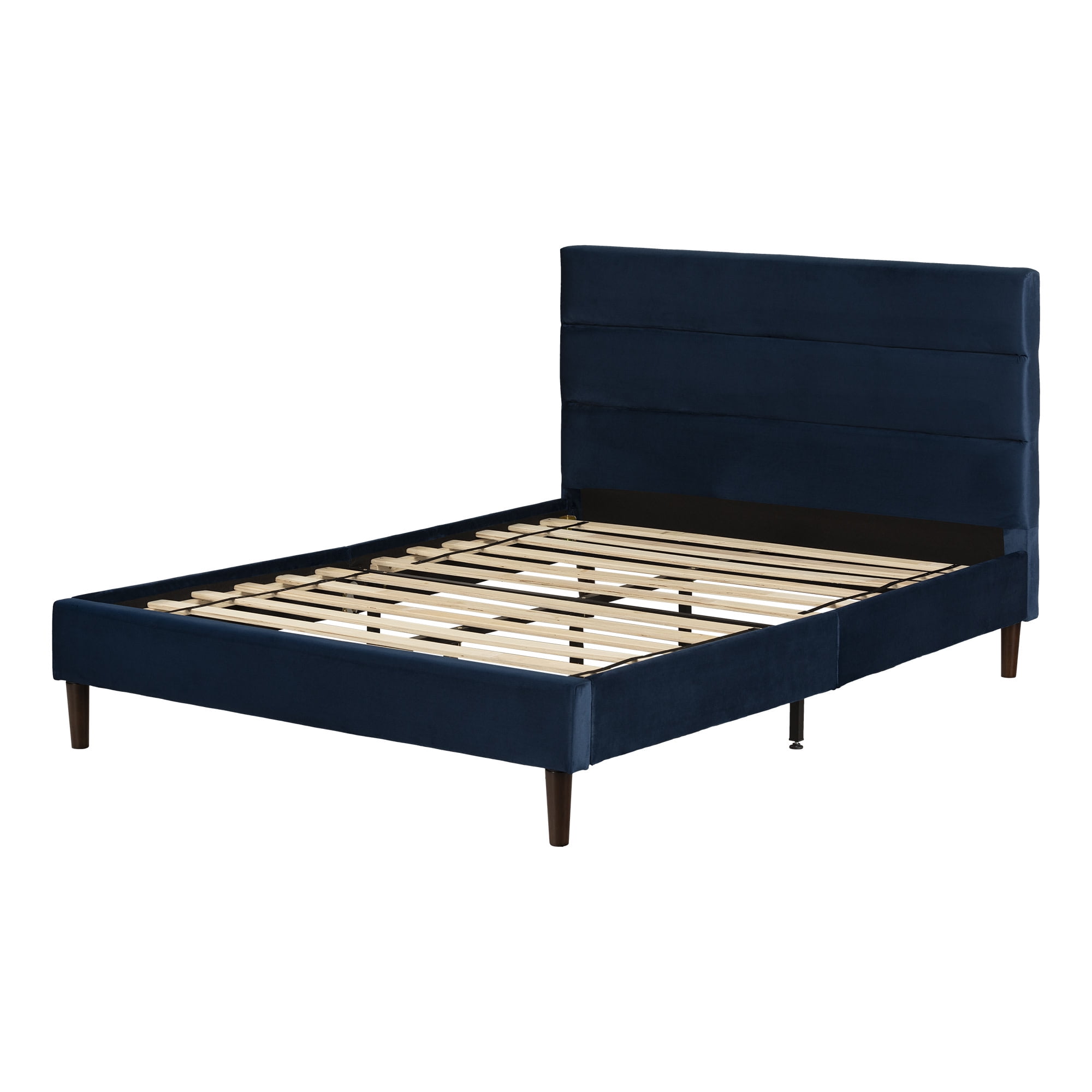 Blue Velvet Upholstered Full Platform Bed with Headboard