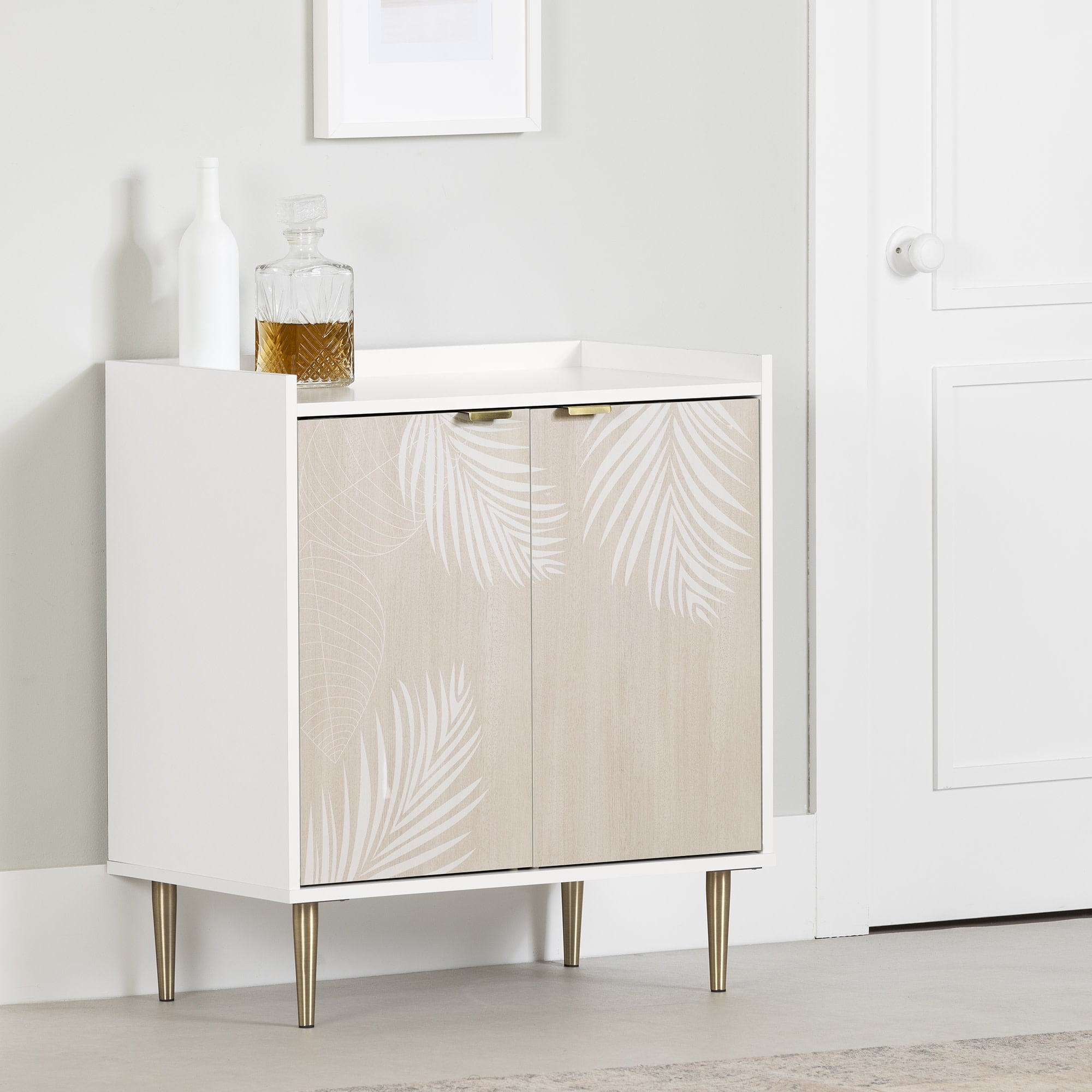White and Natural Mid-Century Adjustable Shelf Cabinet