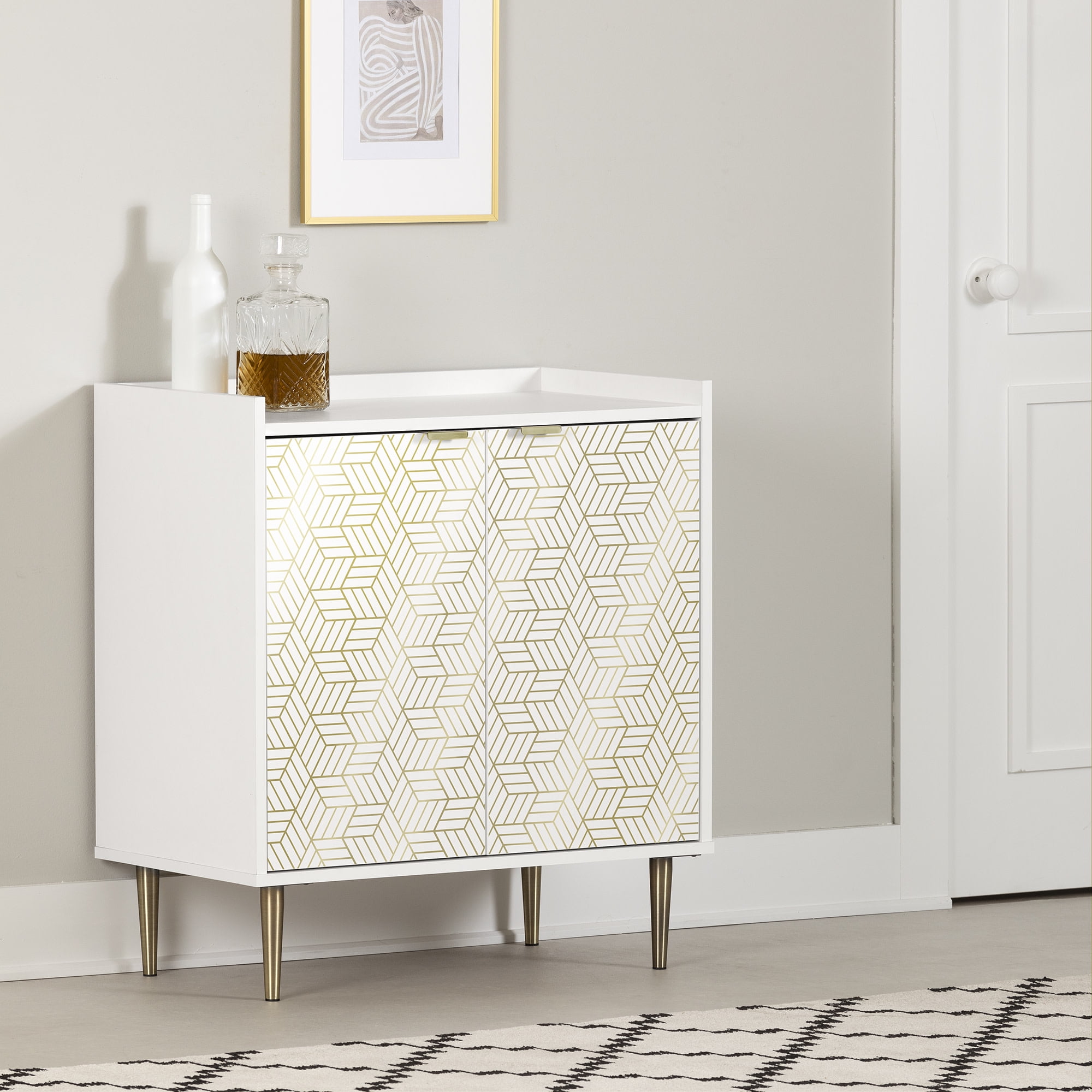 White and Gold Mid-Century Modern 2-Door Storage Cabinet