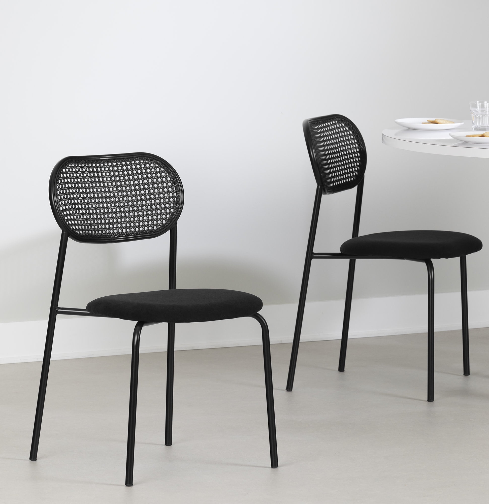 Black Rattan and Cane Mid-Century Side Chair Set
