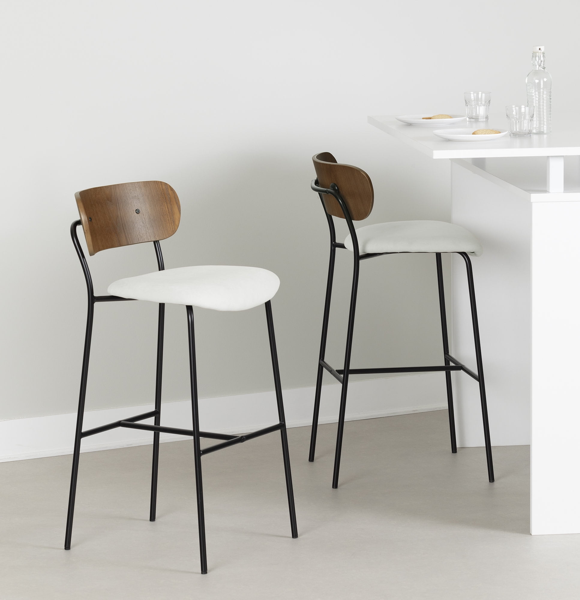 Cream and Brown Mid-Century Modern Bar Stool with Metal Frame