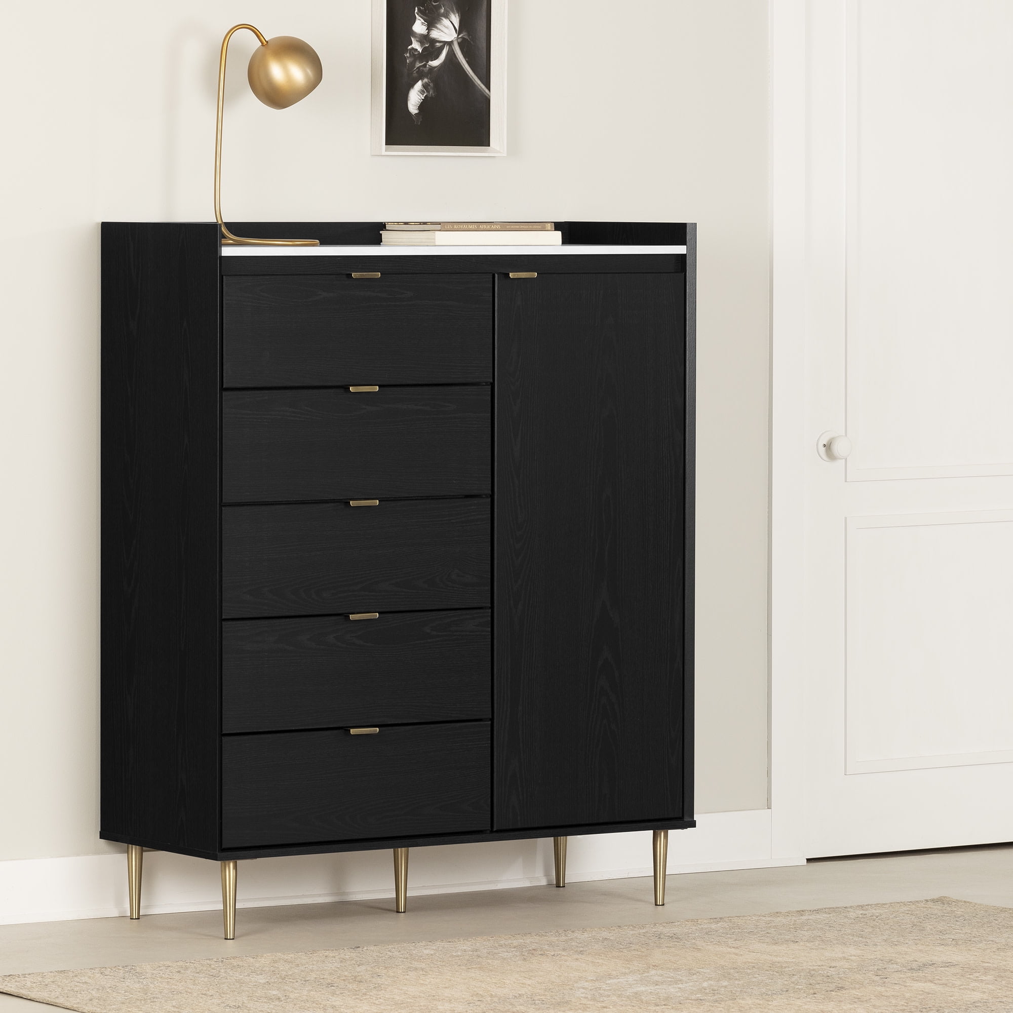Black Oak and Faux Carrara Marble 5-Drawer Glam Dresser
