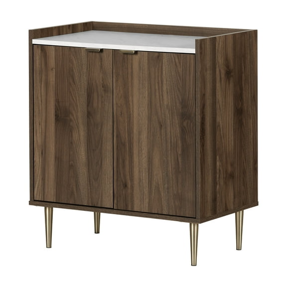 South Shore Hype, Mid-century Glam Kitchen 2-Door Storage Cabinet, Natural Walnut and Faux Carrara Marble