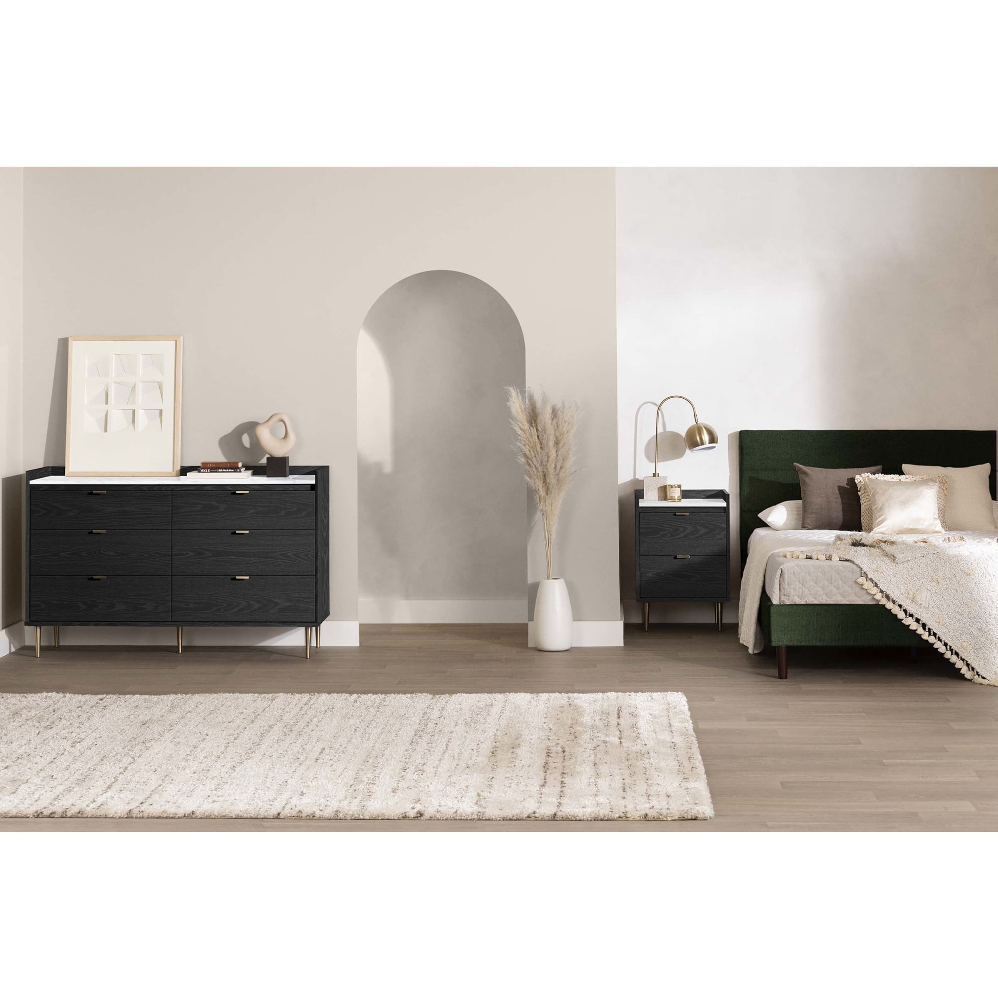 Black Oak and Faux Carrara Marble 2-Drawer Nightstand with Brass Legs