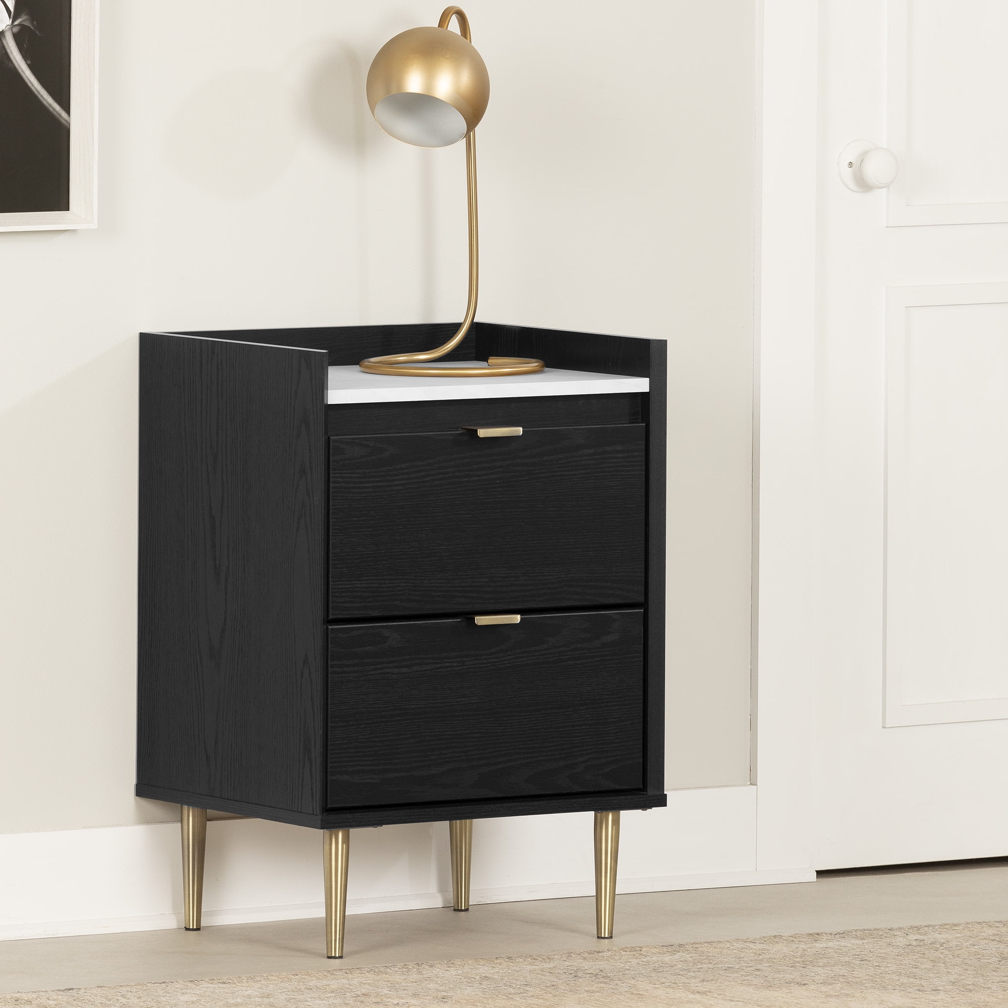 Black Oak and Faux Carrara Marble 2-Drawer Nightstand with Brass Legs