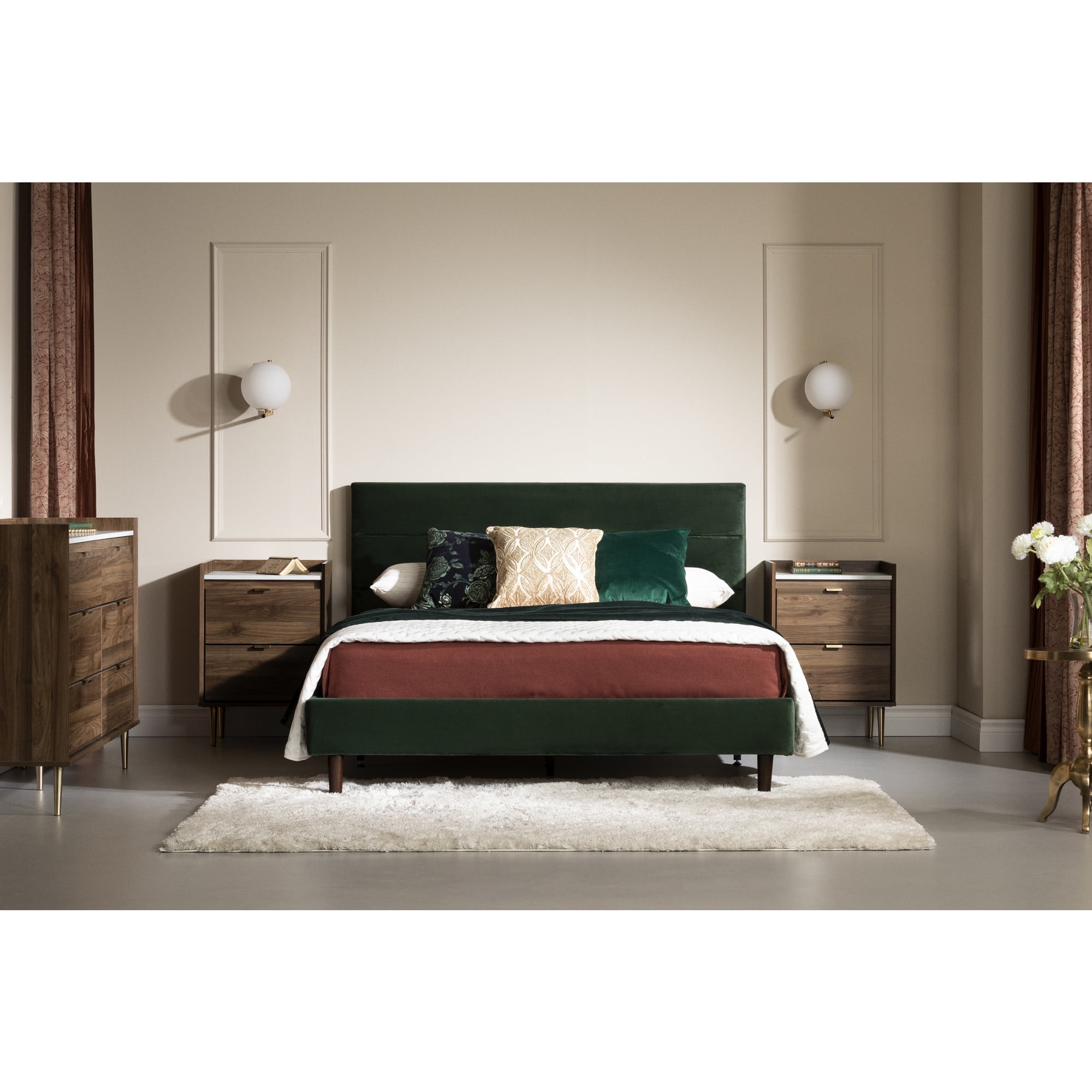 Green Velvet Upholstered Queen Platform Bed with Headboard