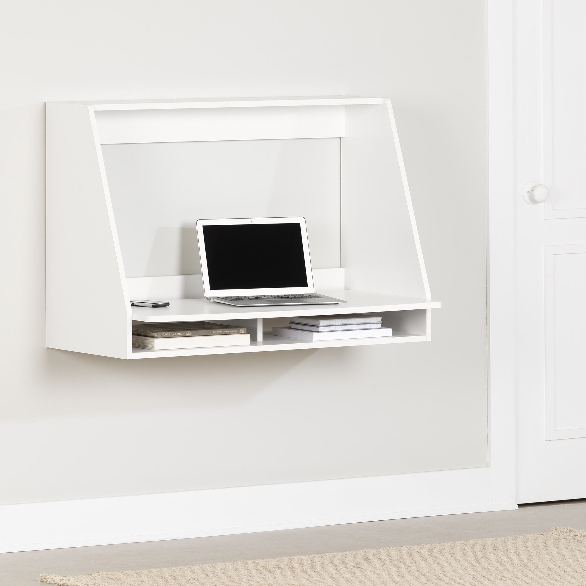 Pure White Wall Mounted Floating Desk with Open Storage Shelf