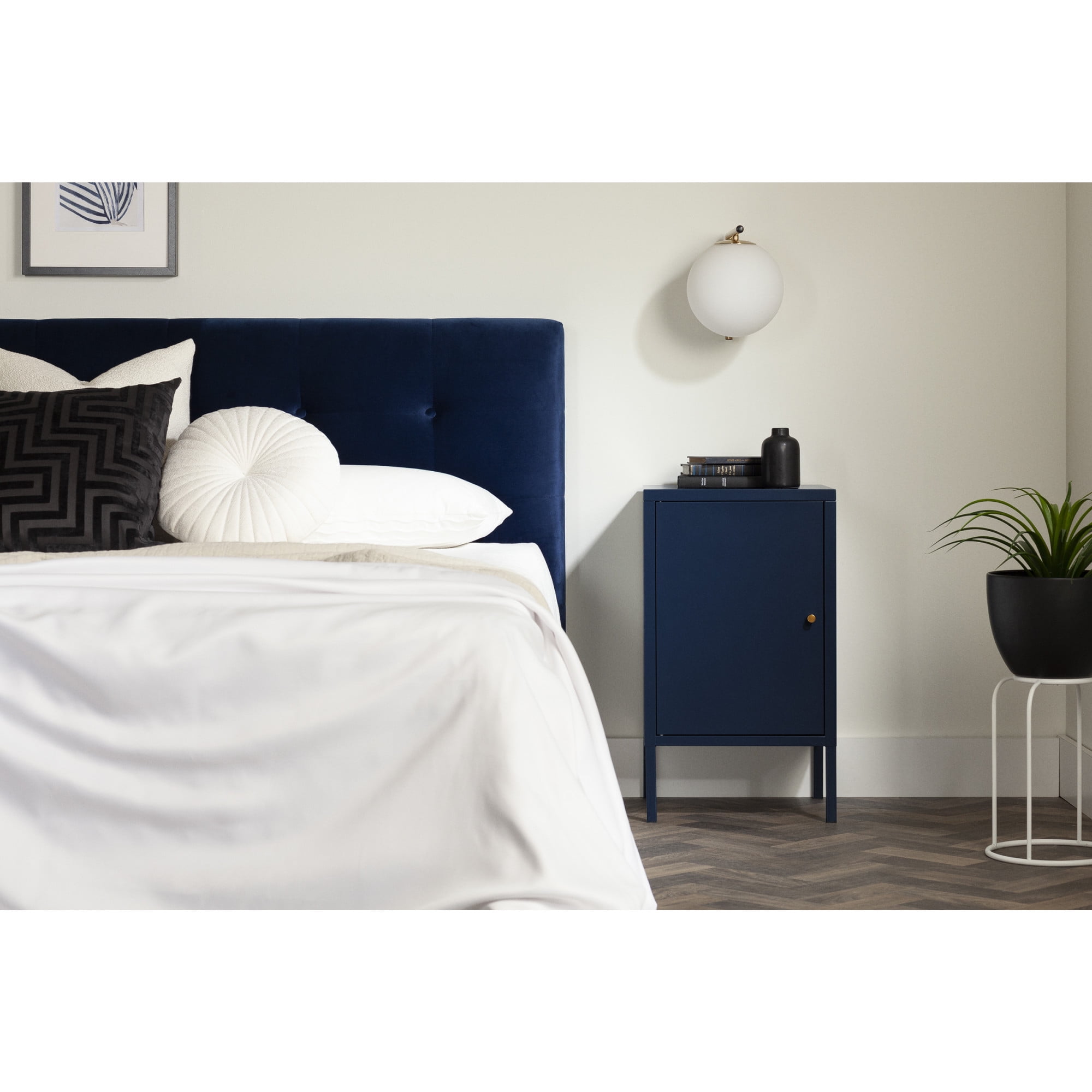 Dark Blue Metal 1-Door Nightstand with Adjustable Shelf