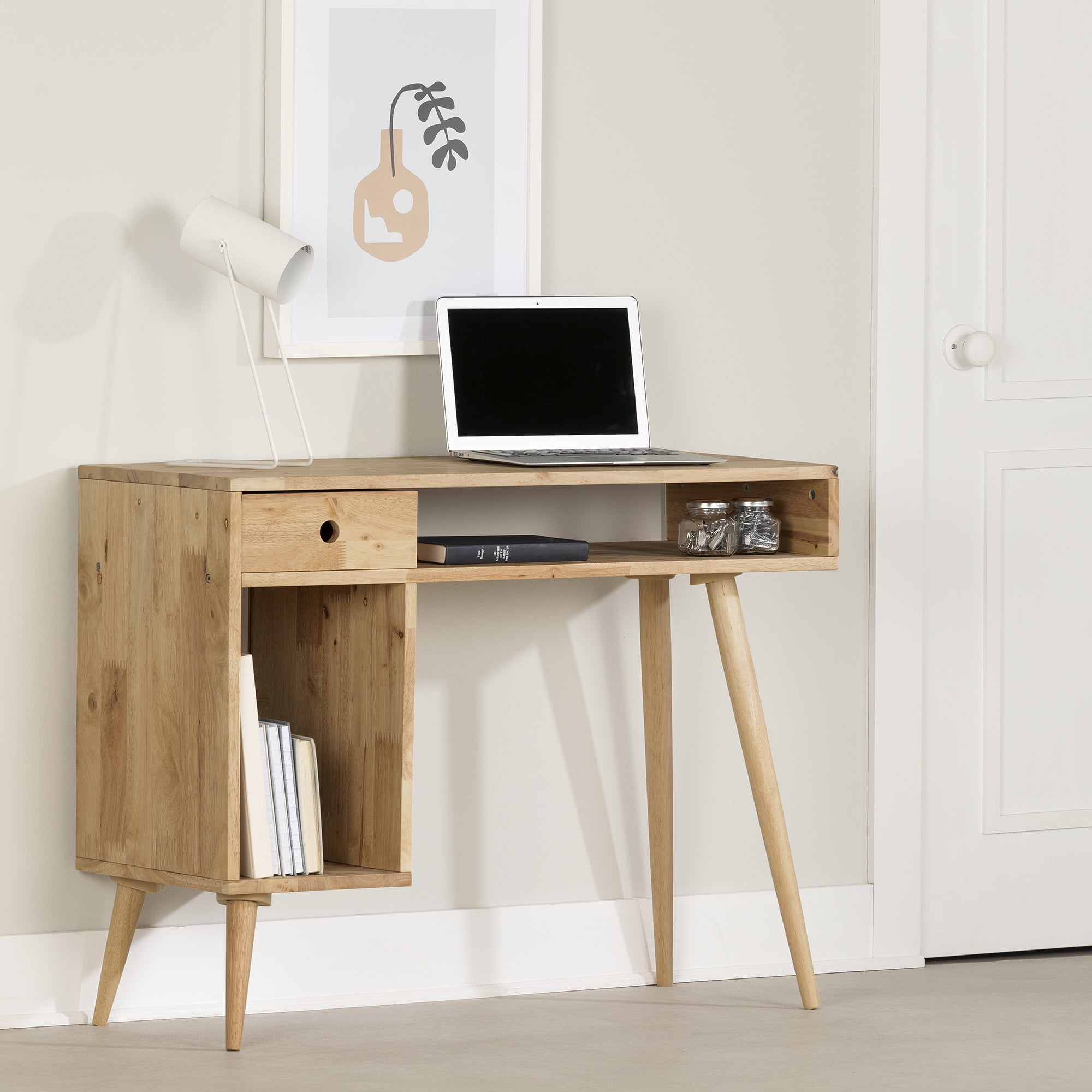 Natural Rubberwood 39" Scandinavian Computer Desk with Drawer