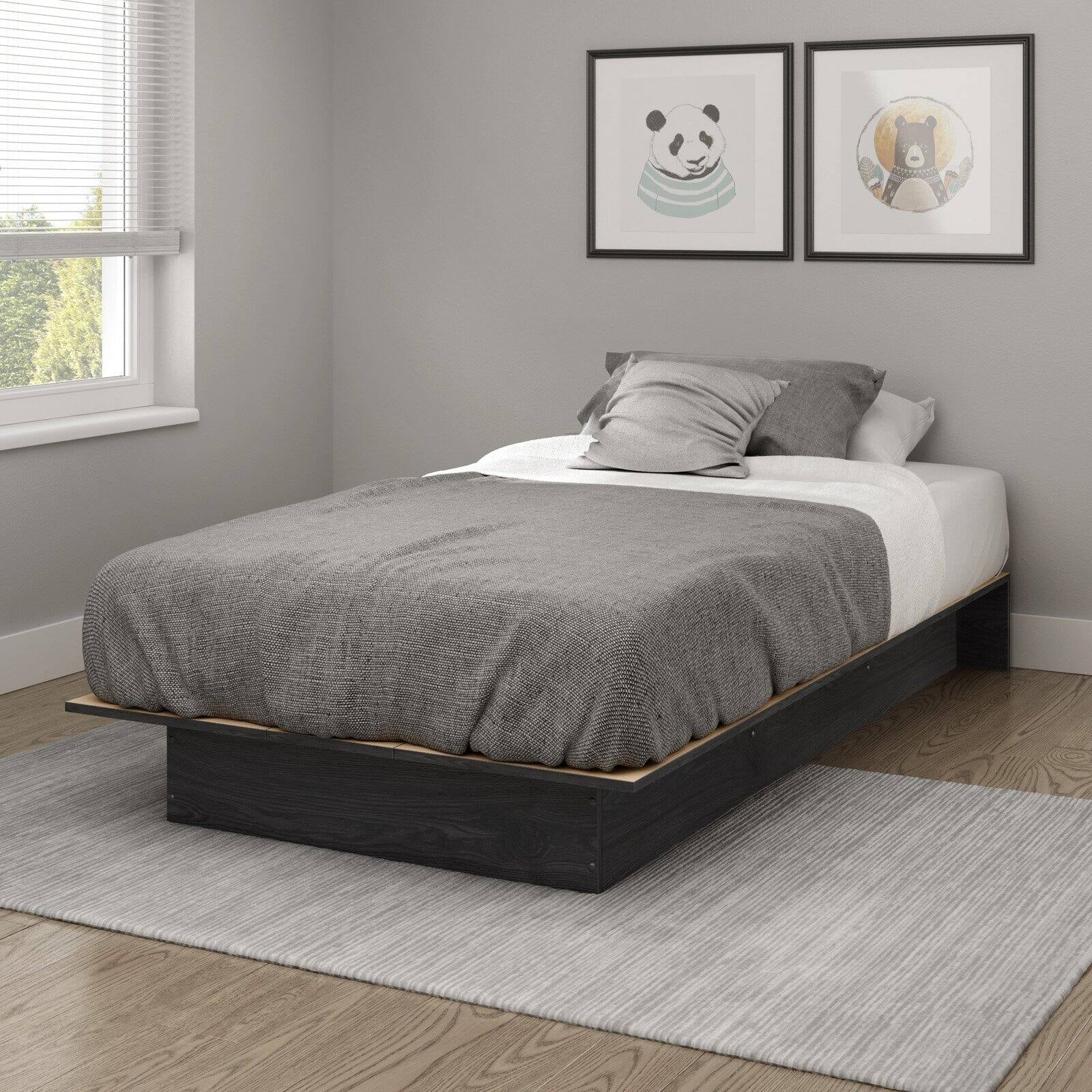 Gray Oak Twin Platform Bed with Drawer and Slats
