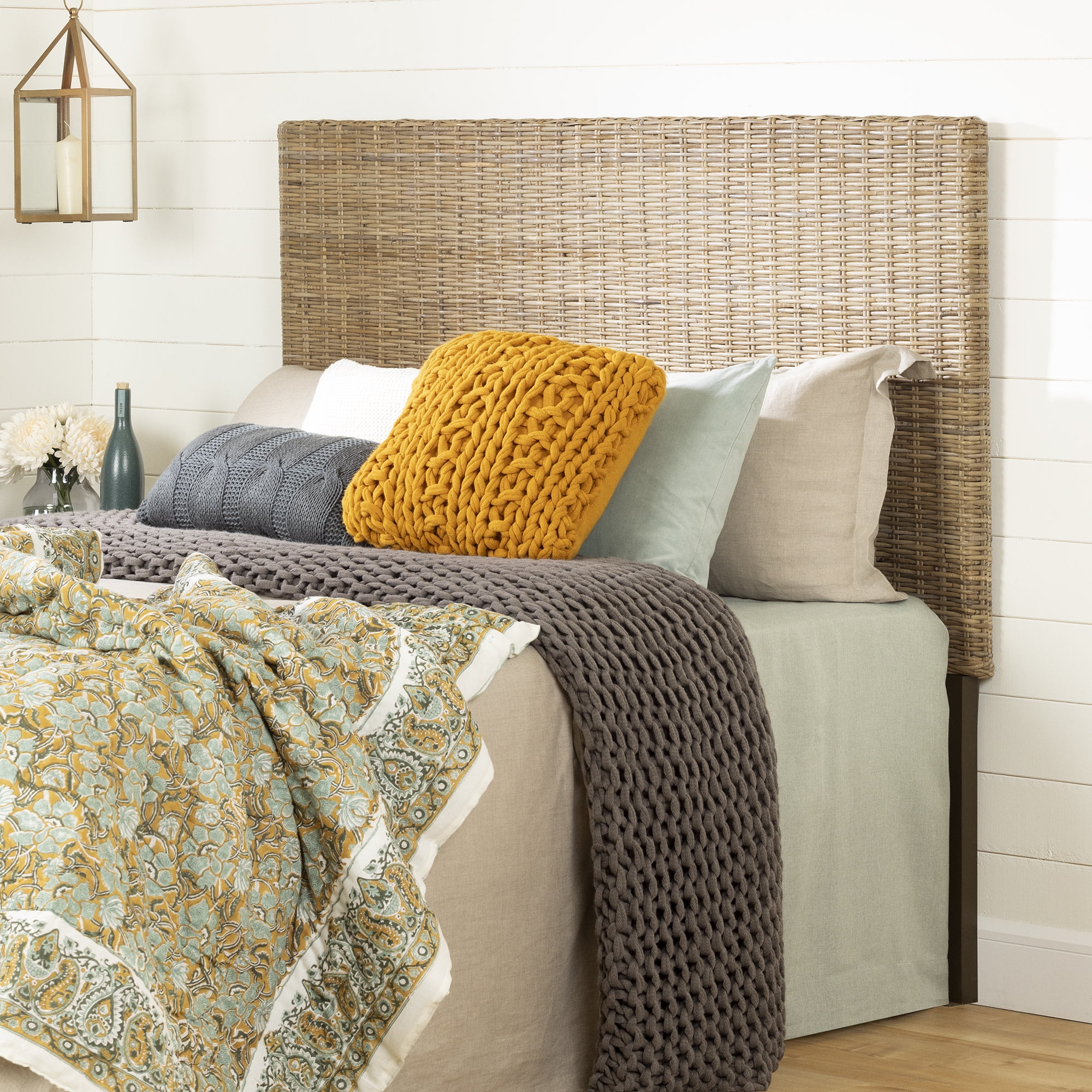 Full Beige Wicker Rattan Headboard with Handwoven Design