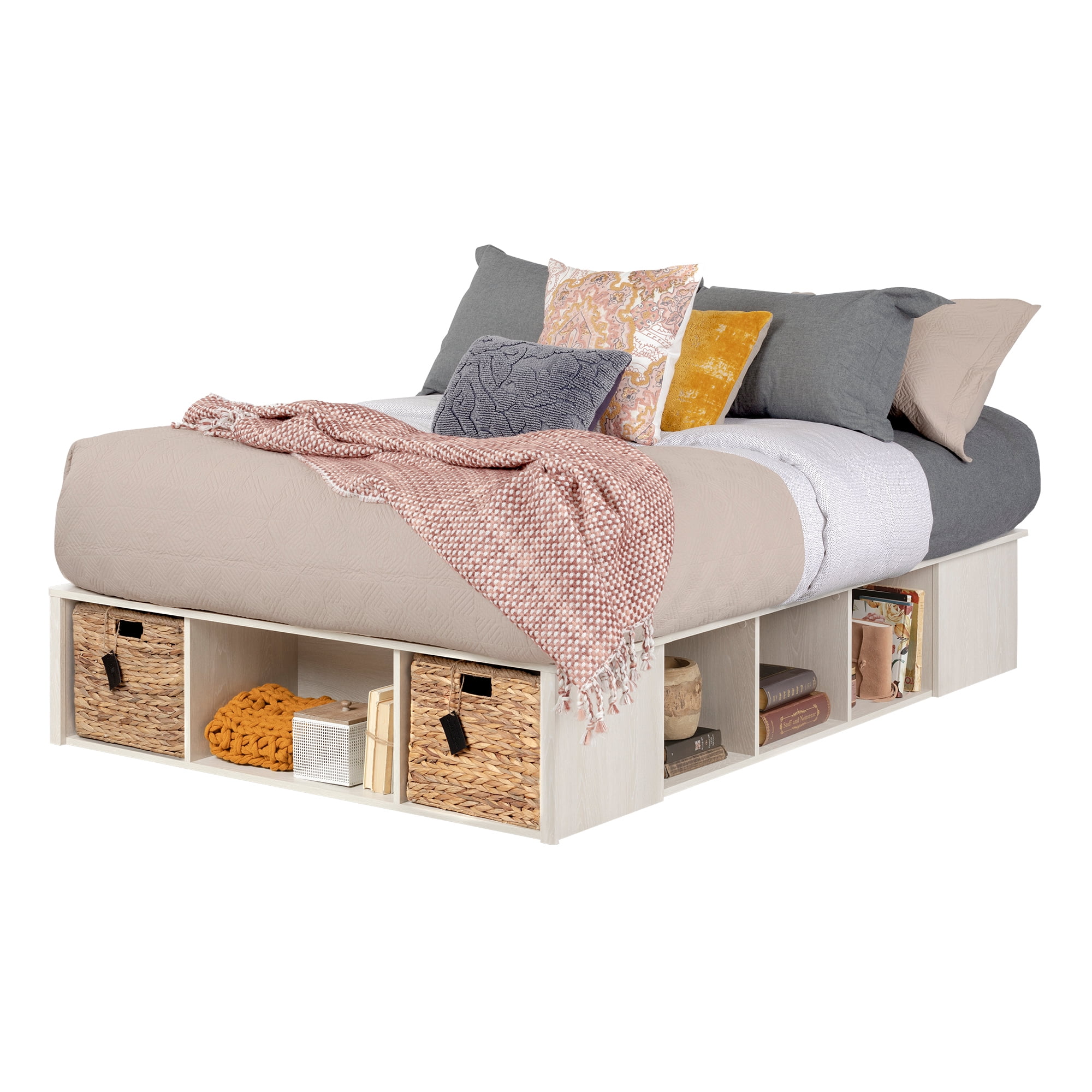 South Shore Lilak Storage Full size Bed with Baskets, Winter Oak and ...