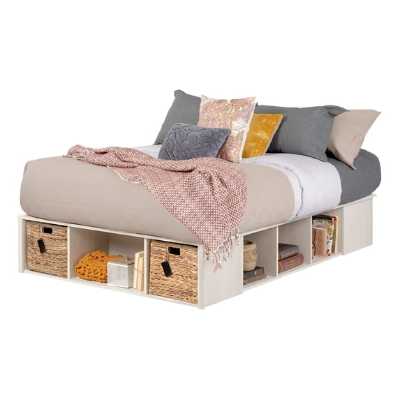 South Shore Lilak Storage Full Size Bed with Wicker Baskets, Winter Oak Finish