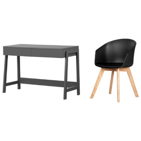 South Shore Liney Matte Charcoal Desk and 1 Flam Black and Wood Chair Set