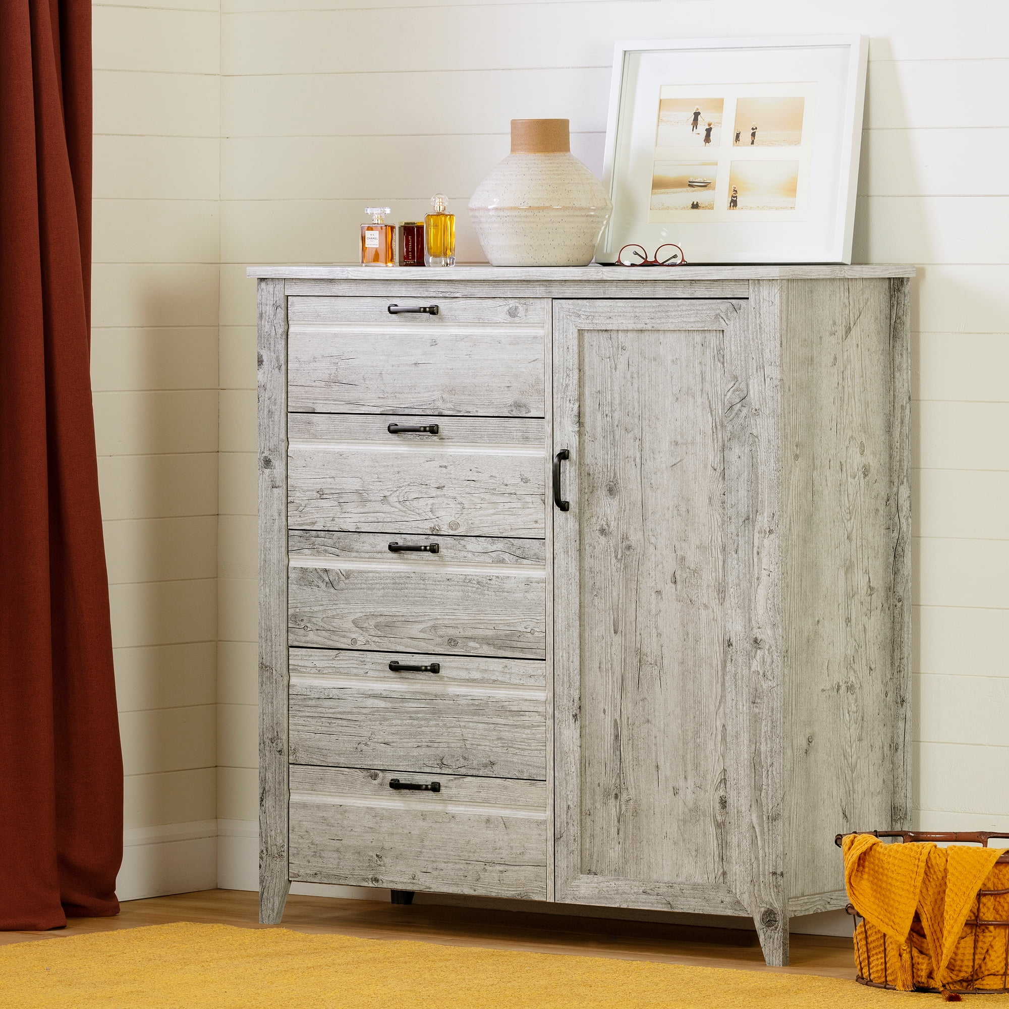 South Shore Lionel Farmhouse Door Chest with 5 Drawers Seaside