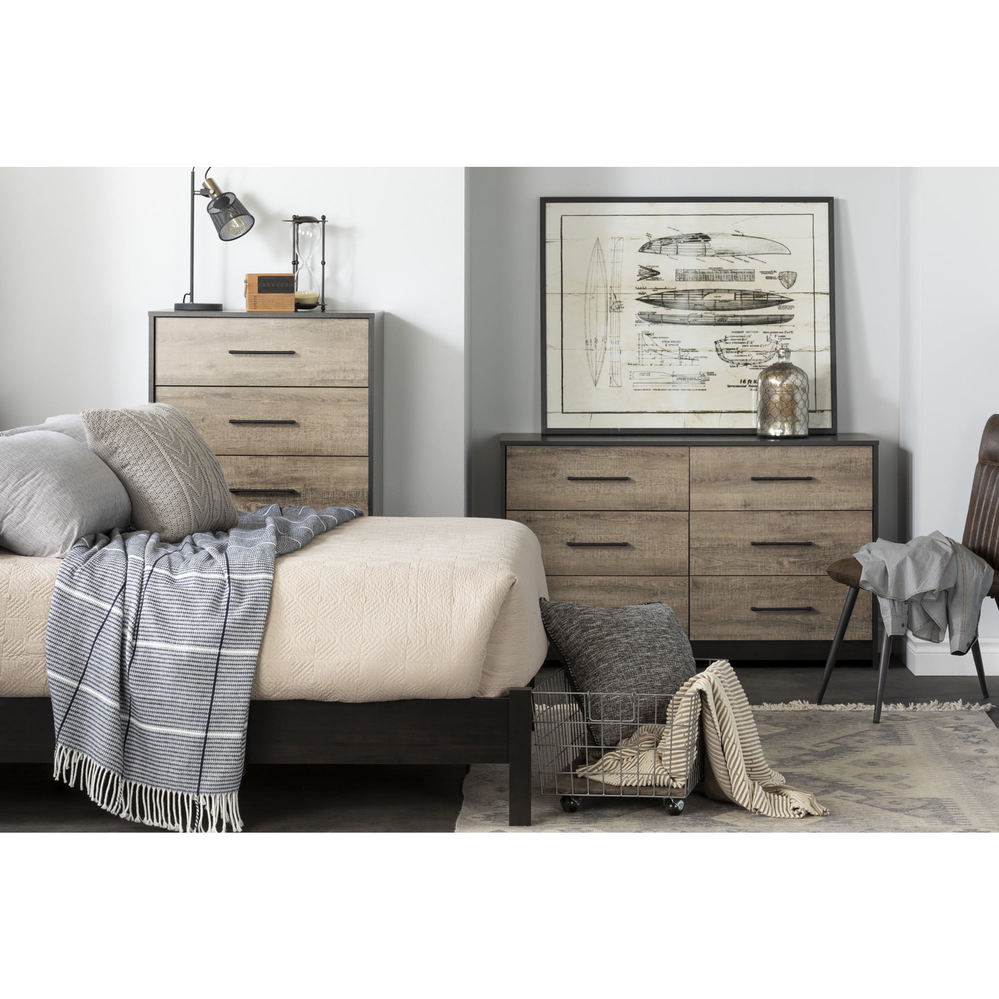 Industrial Double Dresser with Soft Close Drawers in Rubbed Black and Weathered Oak