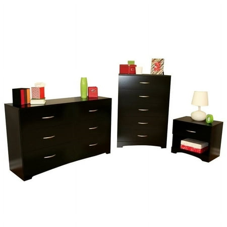 South Shore Maddox Dresser with Chest and Nightstand Set in Pure Black