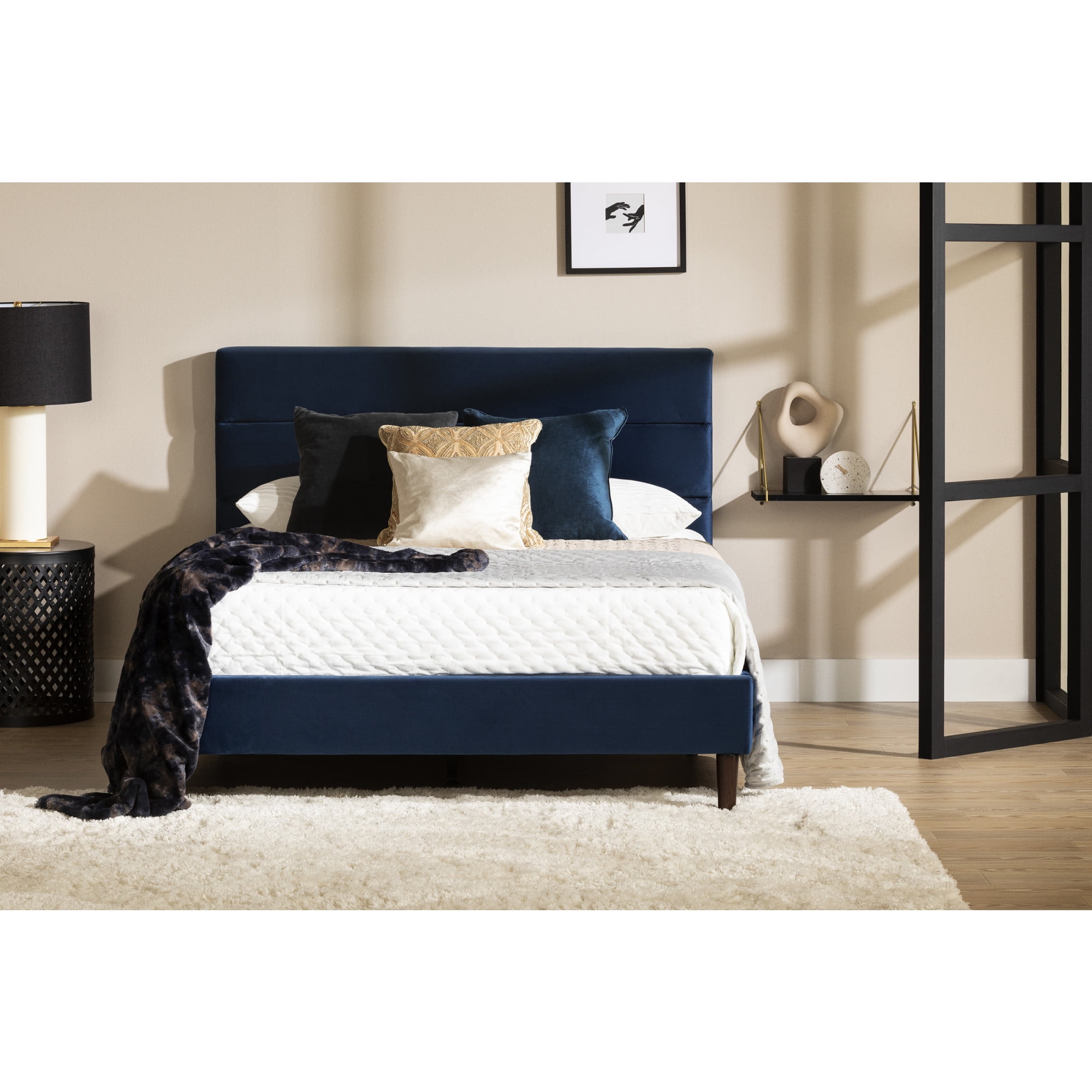 Maliza Blue Velvet Upholstered Full Platform Bed with Tufted Headboard
