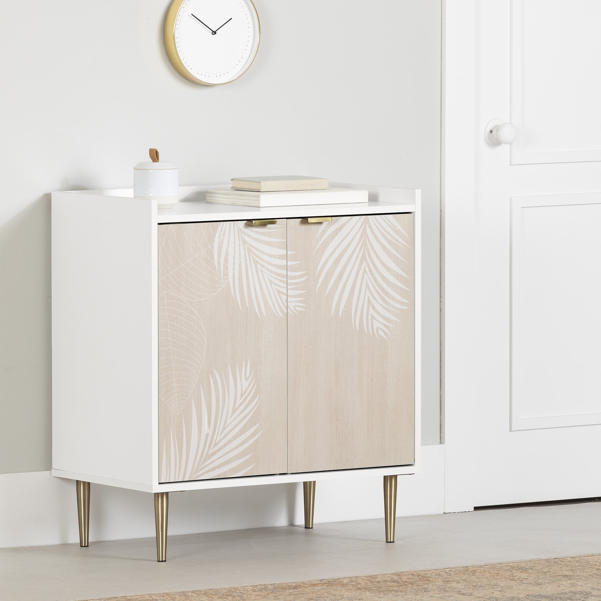 White and Natural Mid-Century Modern Storage Cabinet with Adjustable Shelving