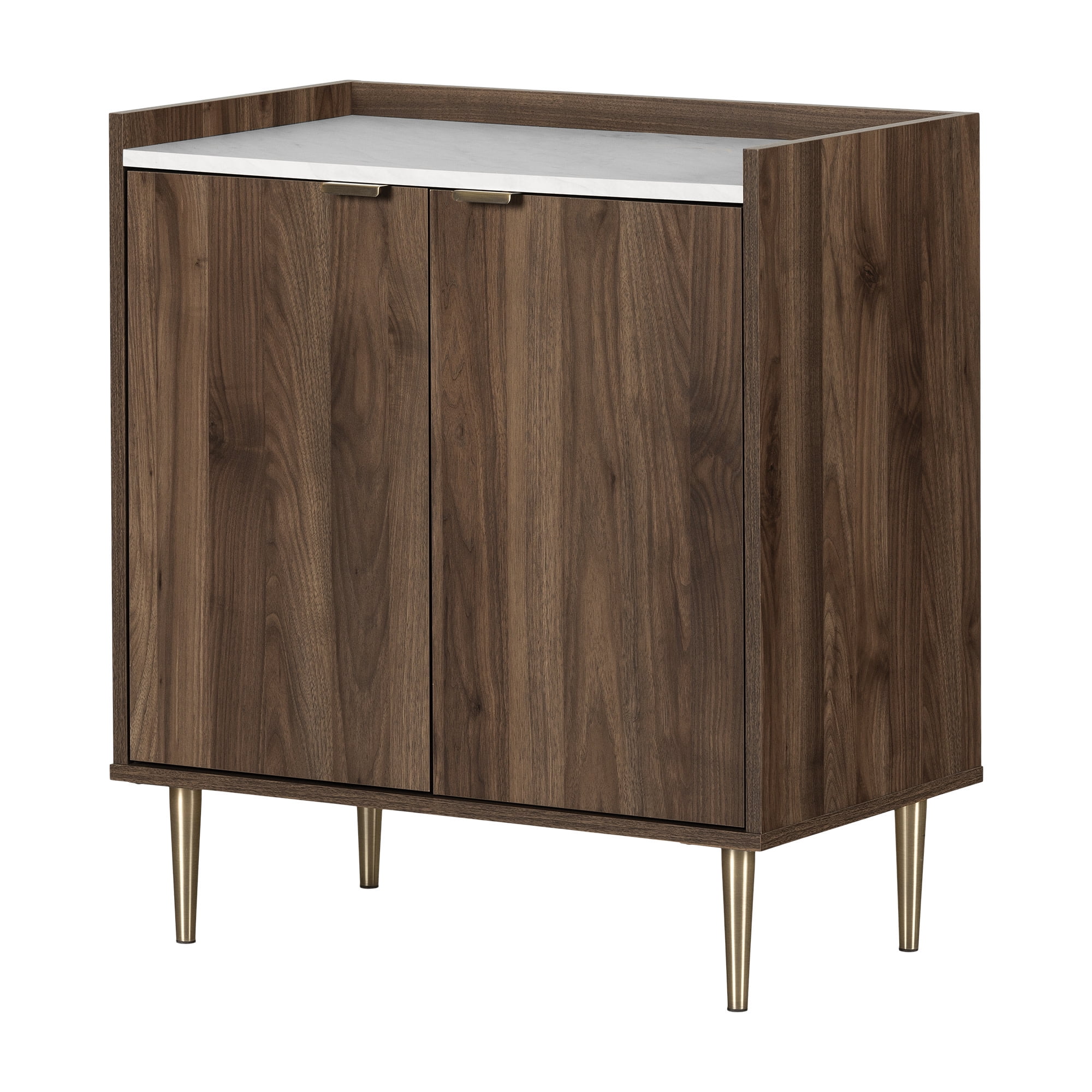 Natural Walnut and Faux Carrara Marble Accent Cabinet with Adjustable Shelving
