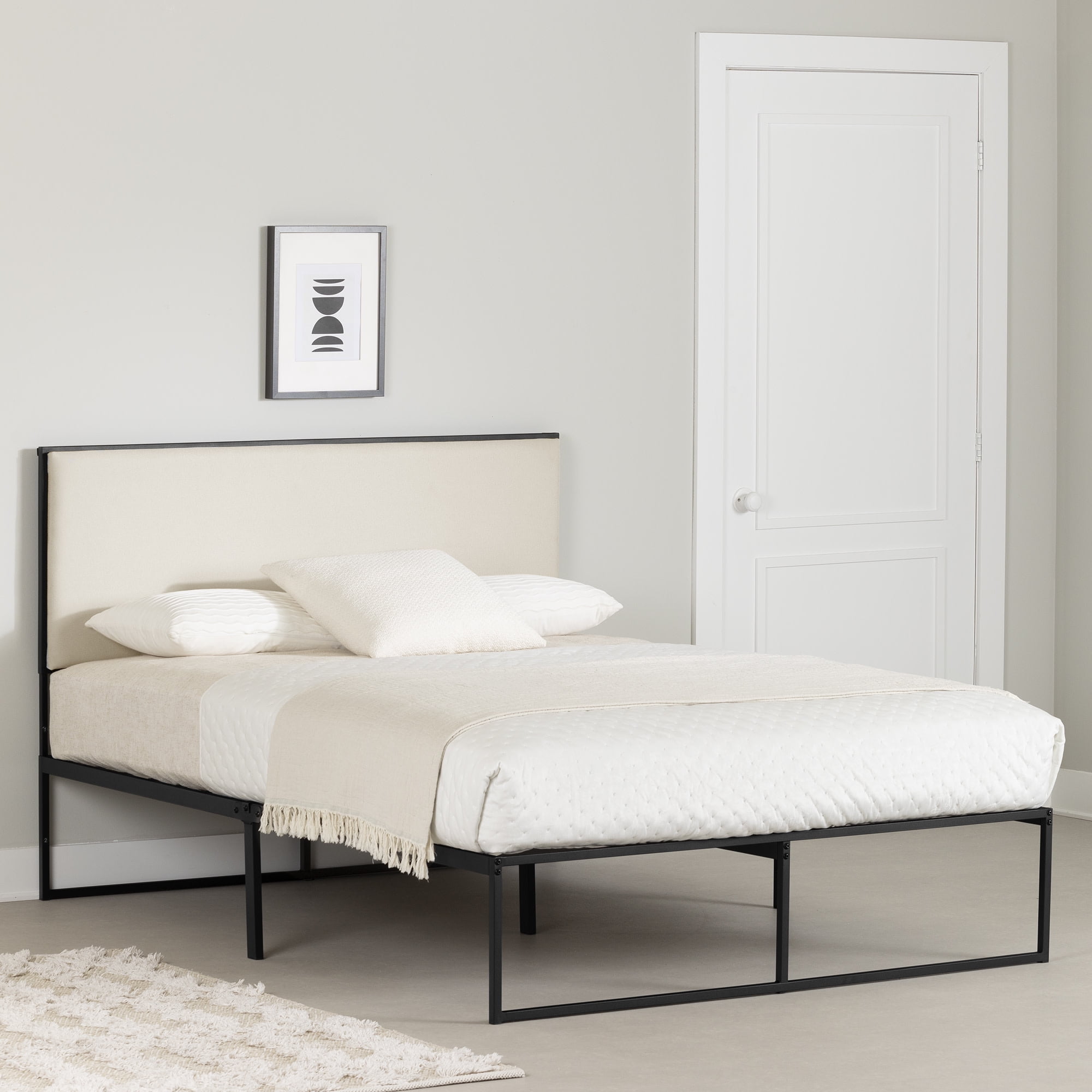 Queen Black Metal Frame Bed with Beige Upholstered Headboard