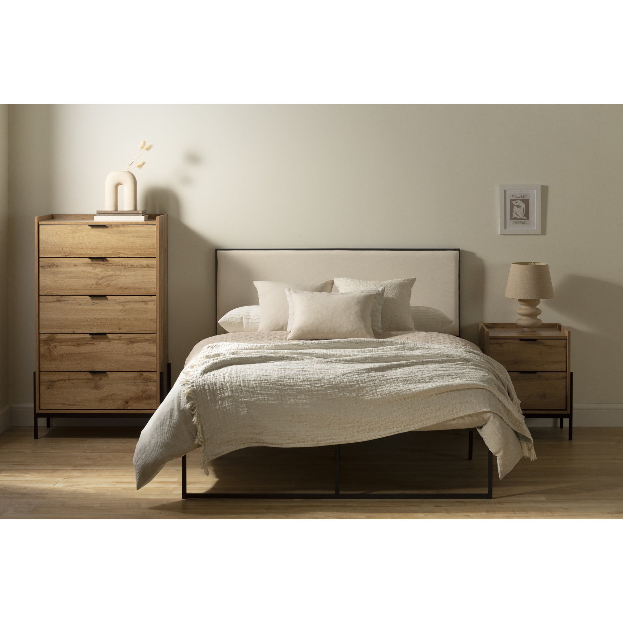 Queen Black Metal Frame Bed with Beige Upholstered Headboard