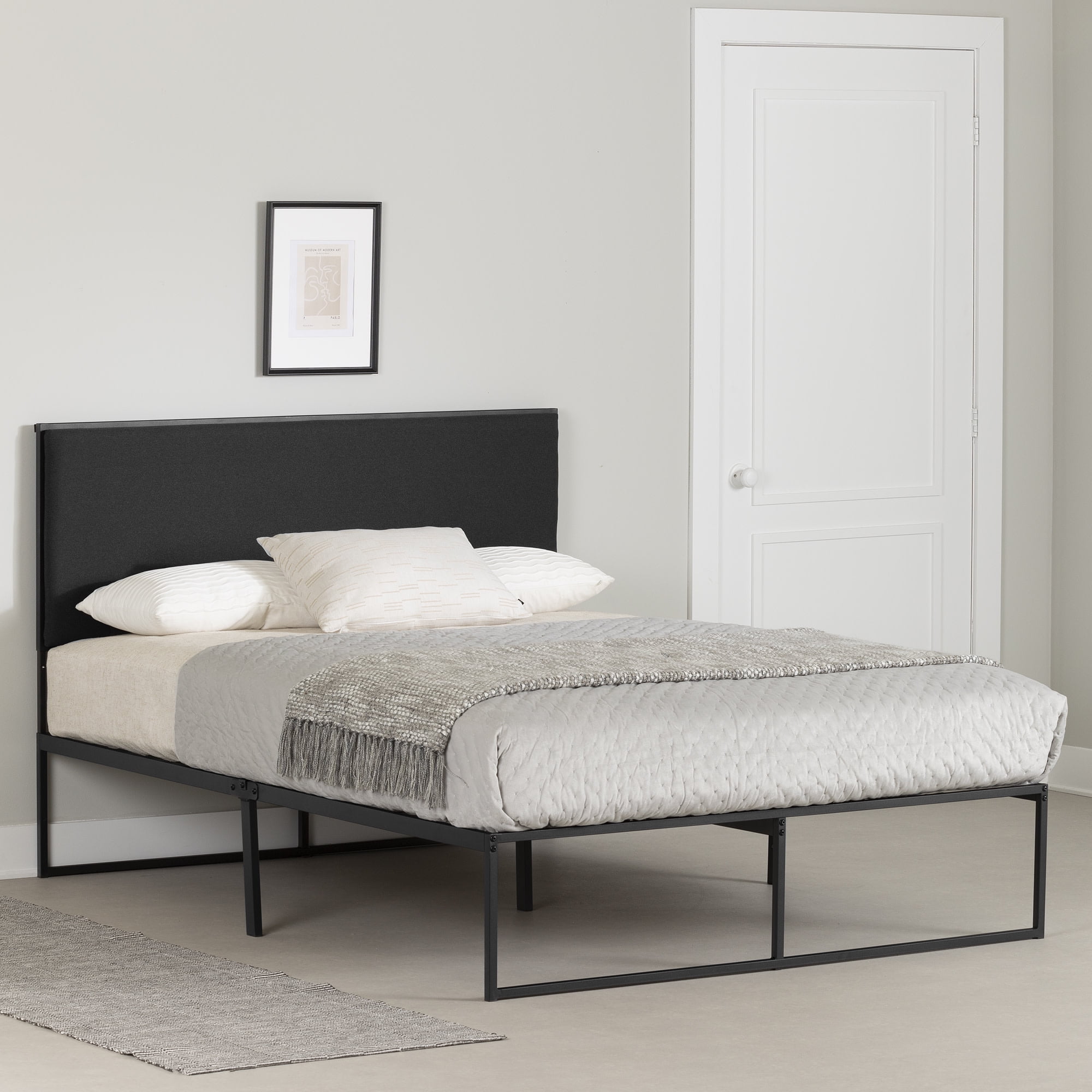 Gray and Black Queen Upholstered Metal Bed Frame with Slats